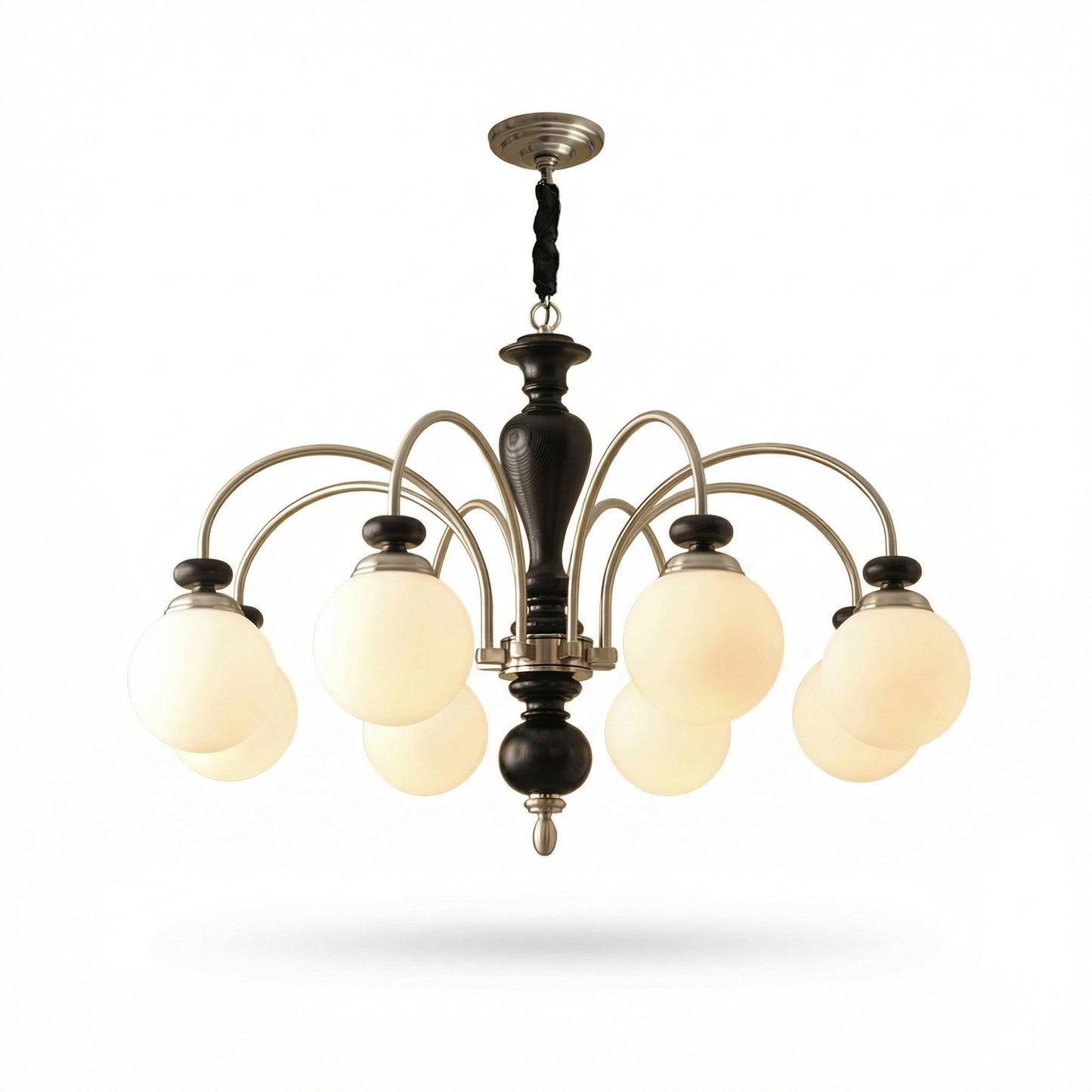 Classic Wooden Brass Chandelier Light with Opalescent Glass Globes | Vintage Design for Dining Room Elegance