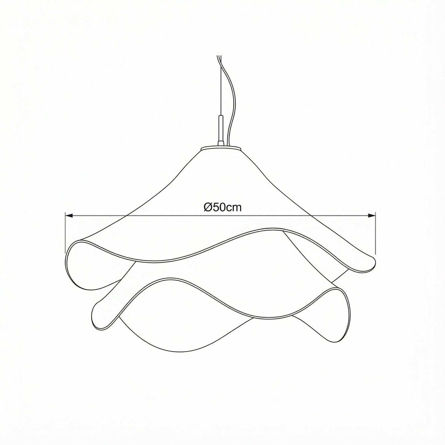 Line drawing of a pendant light with dimensions on a white background