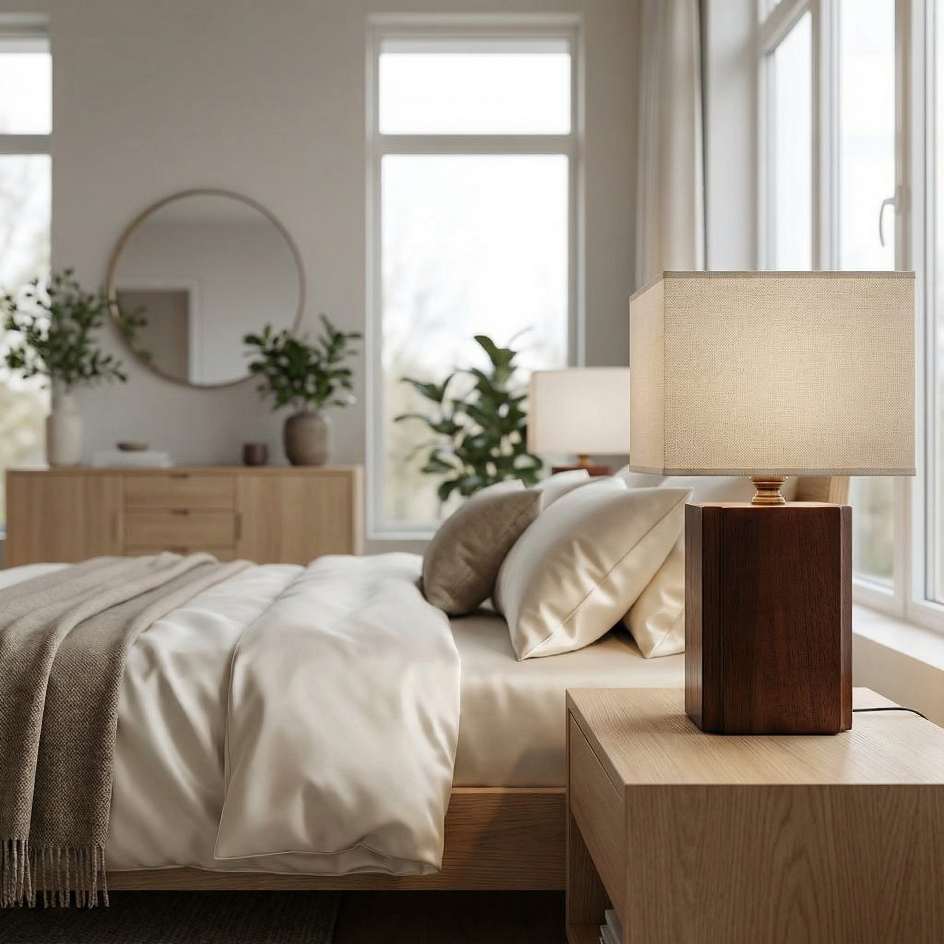 Modern bedroom with wooden nightstand, lamp, and bed with white bedding.