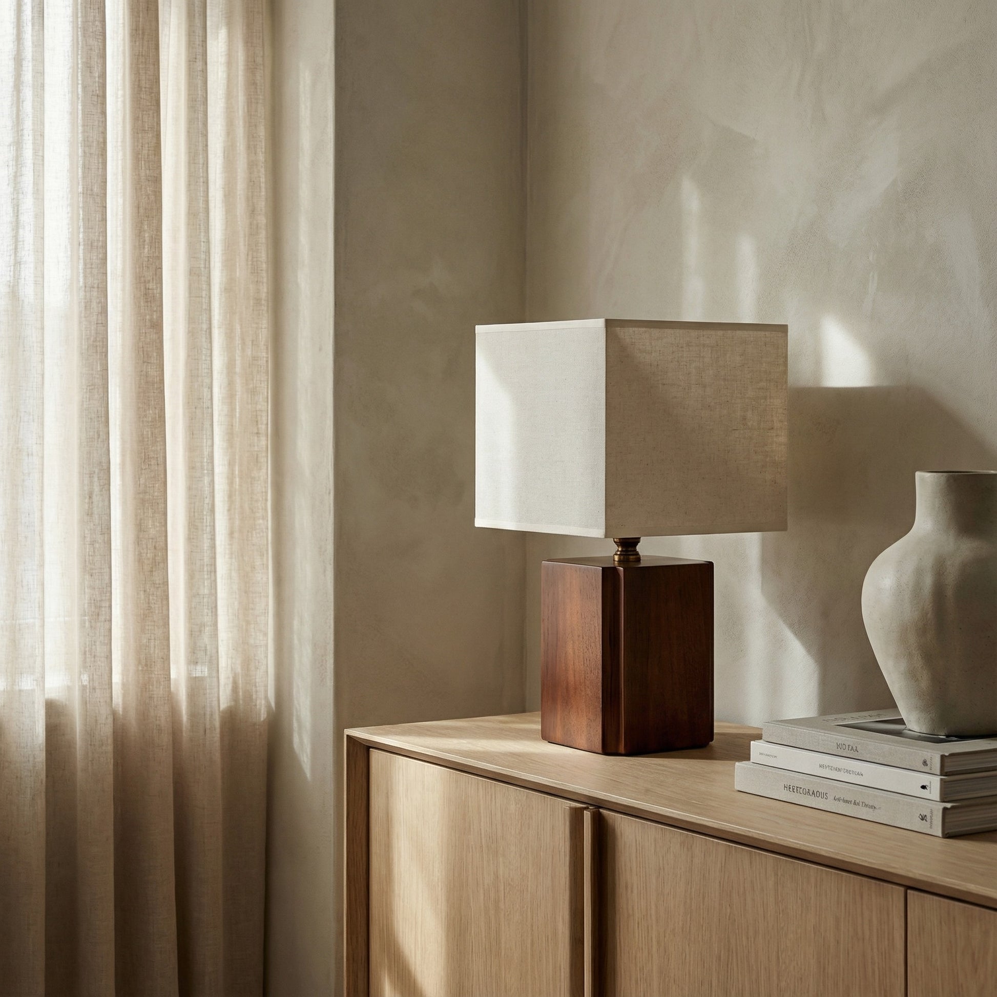 Table lamp with wooden base and beige shade on a wooden side table next to a curtain.