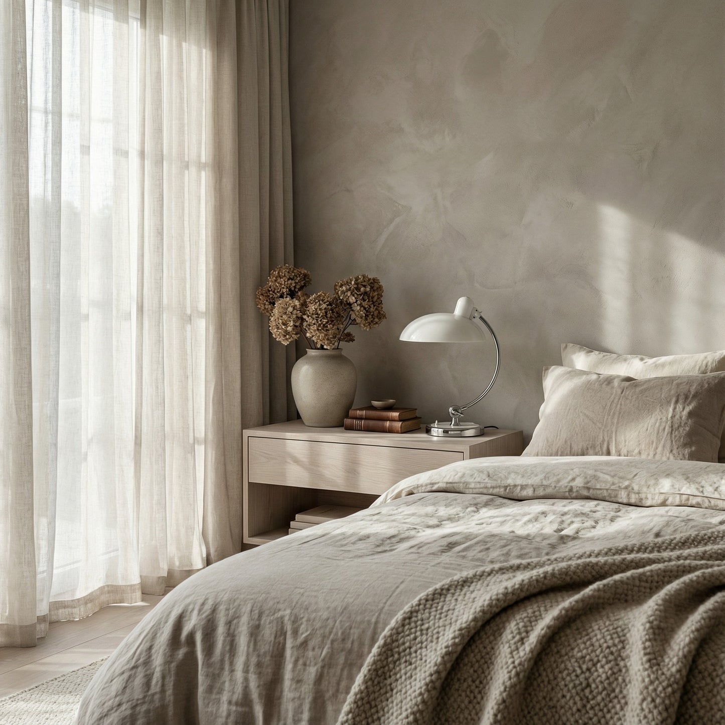 Neatly made bed with beige bedding in a bedroom setting.