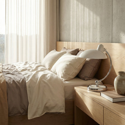 Neatly made bed with pillows and a lamp on a nightstand in a bedroom.