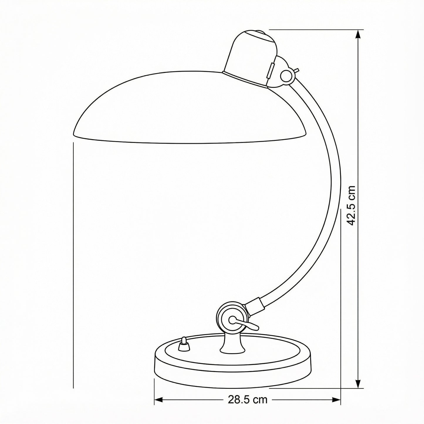 Line drawing of a table lamp with dimensions indicated