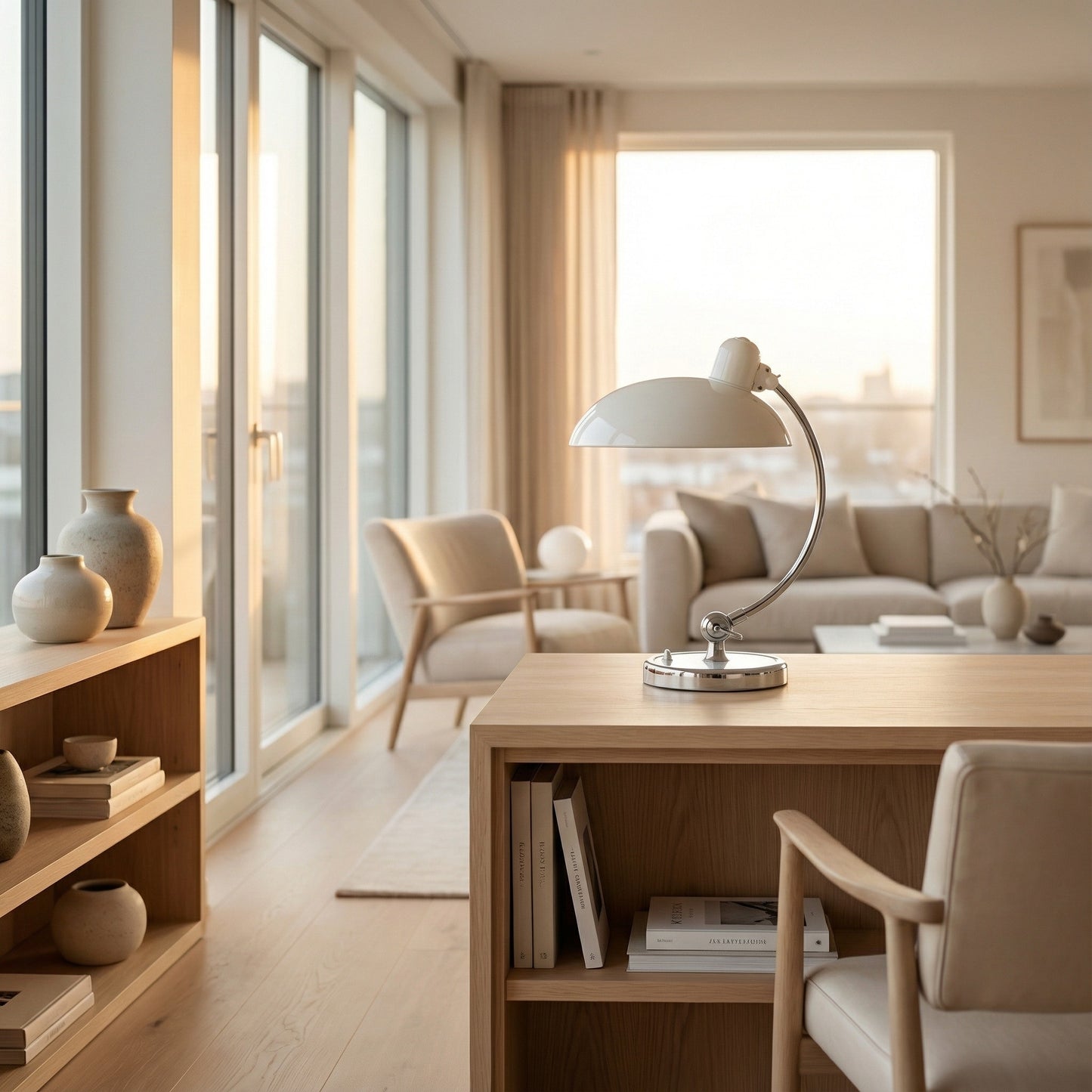 Modern living room with a desk, chairs, and large windows.