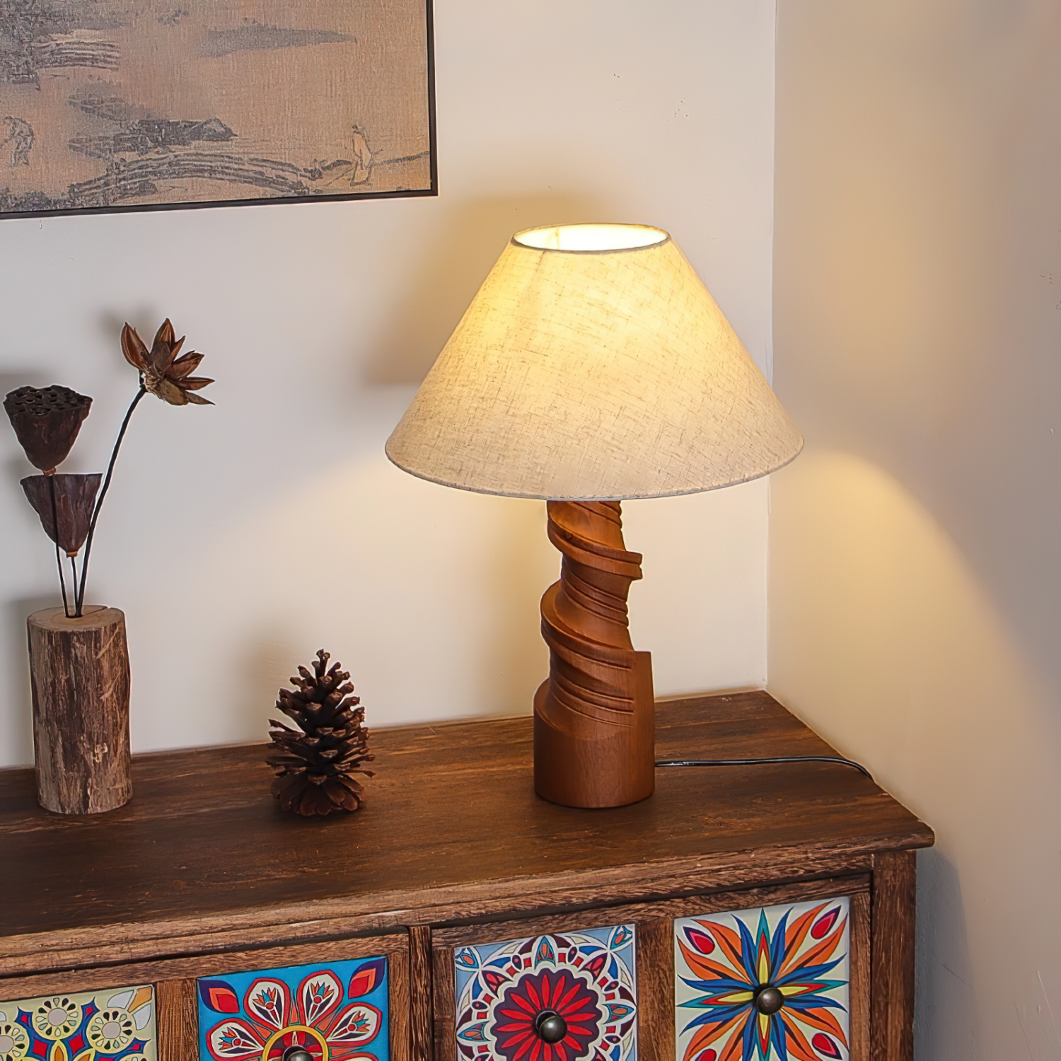 Bohemian Wood Table Lamp with Pull Chain Switch | Stylish Lighting for Living Room and Bedroom 7