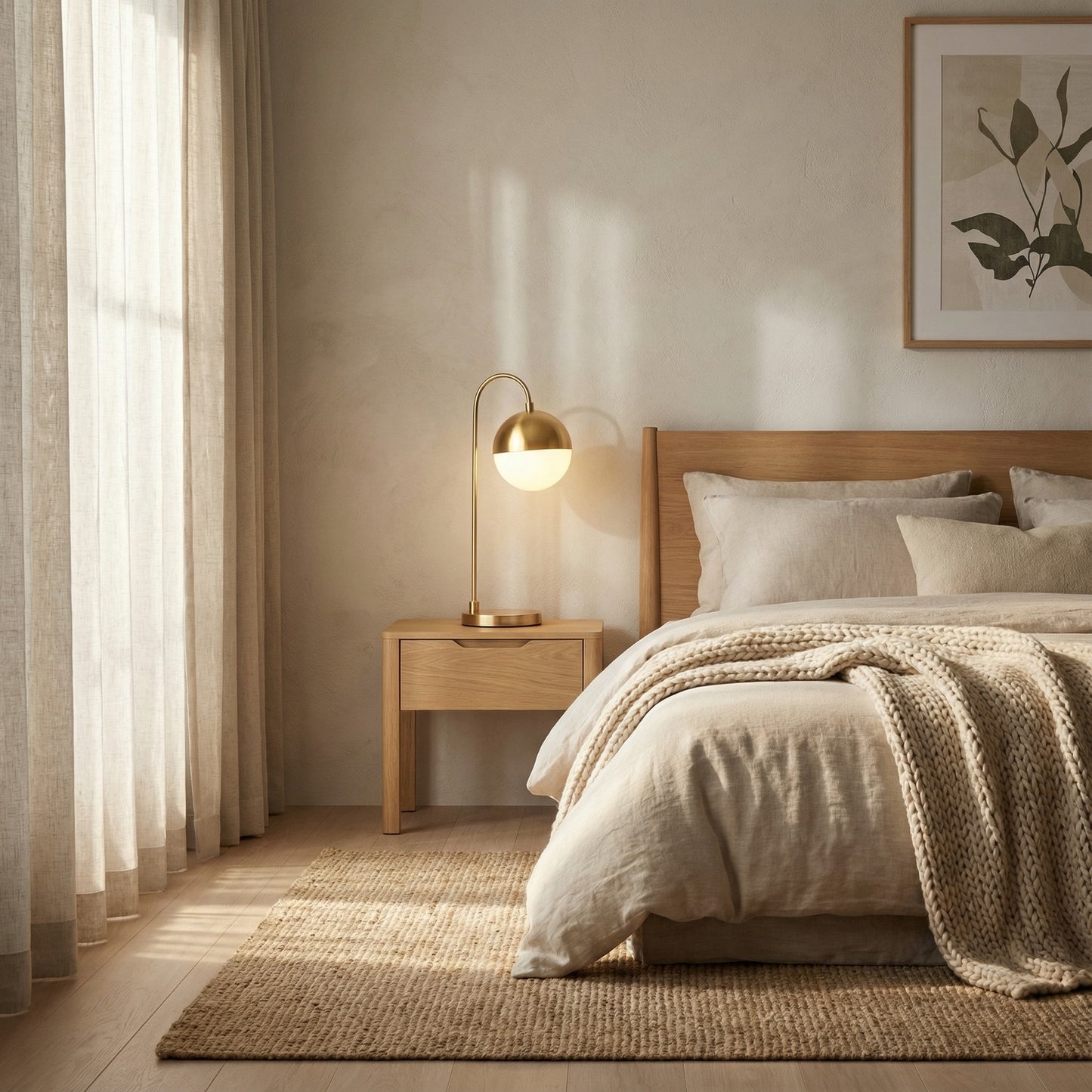 Nestled bedroom with wooden furniture, soft bedding, and a lamp.