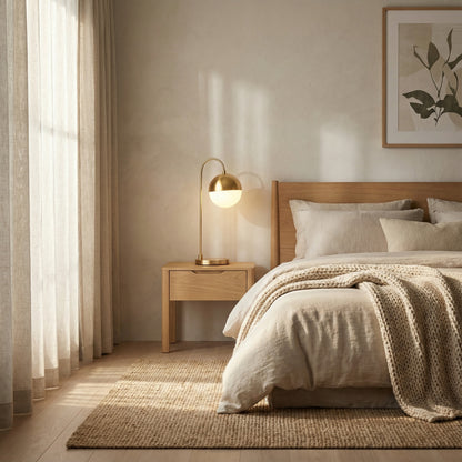 Nestled bedroom with wooden furniture, soft bedding, and a lamp.