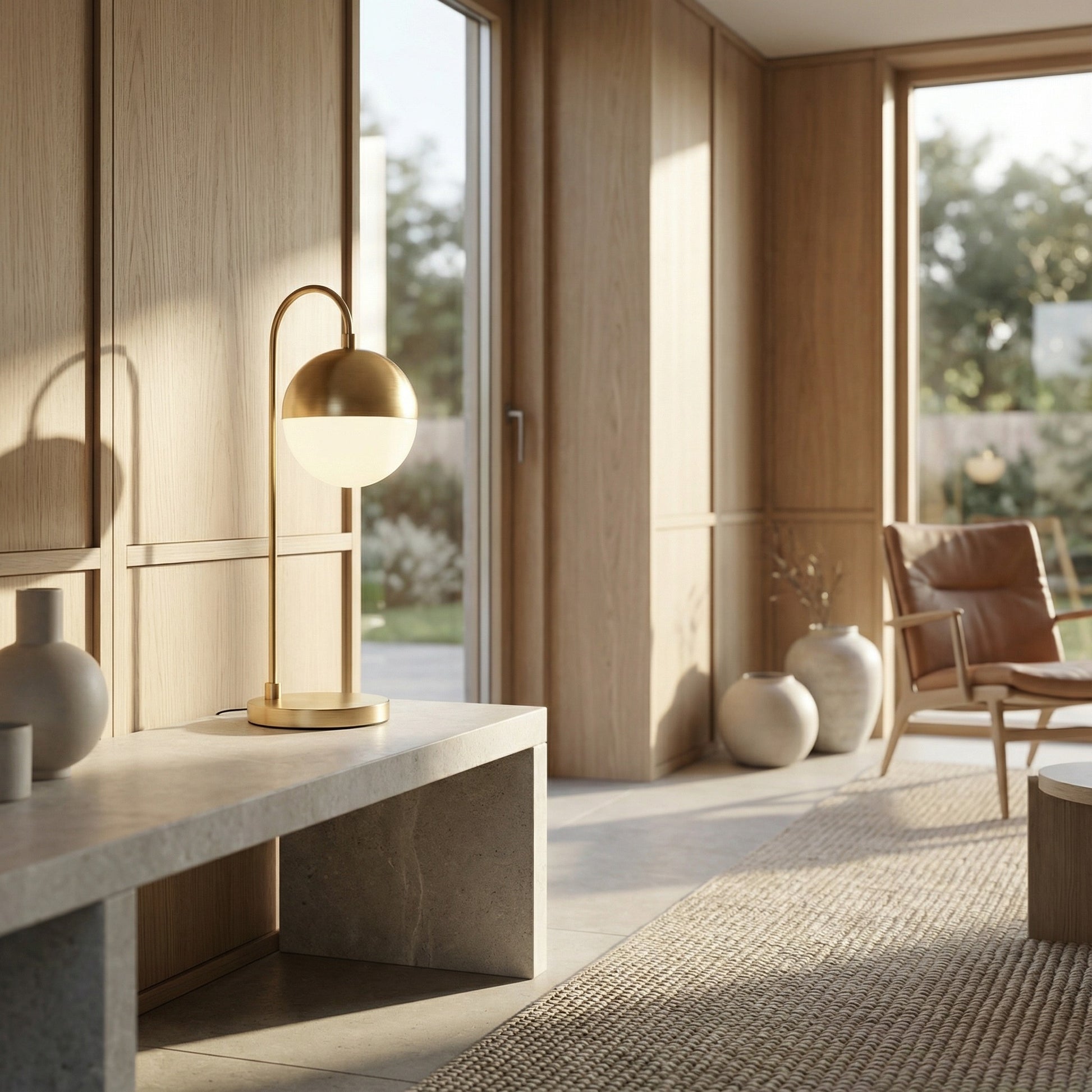 Modern interior with a gold table lamp on a marble surface, wooden chair, and large windows.