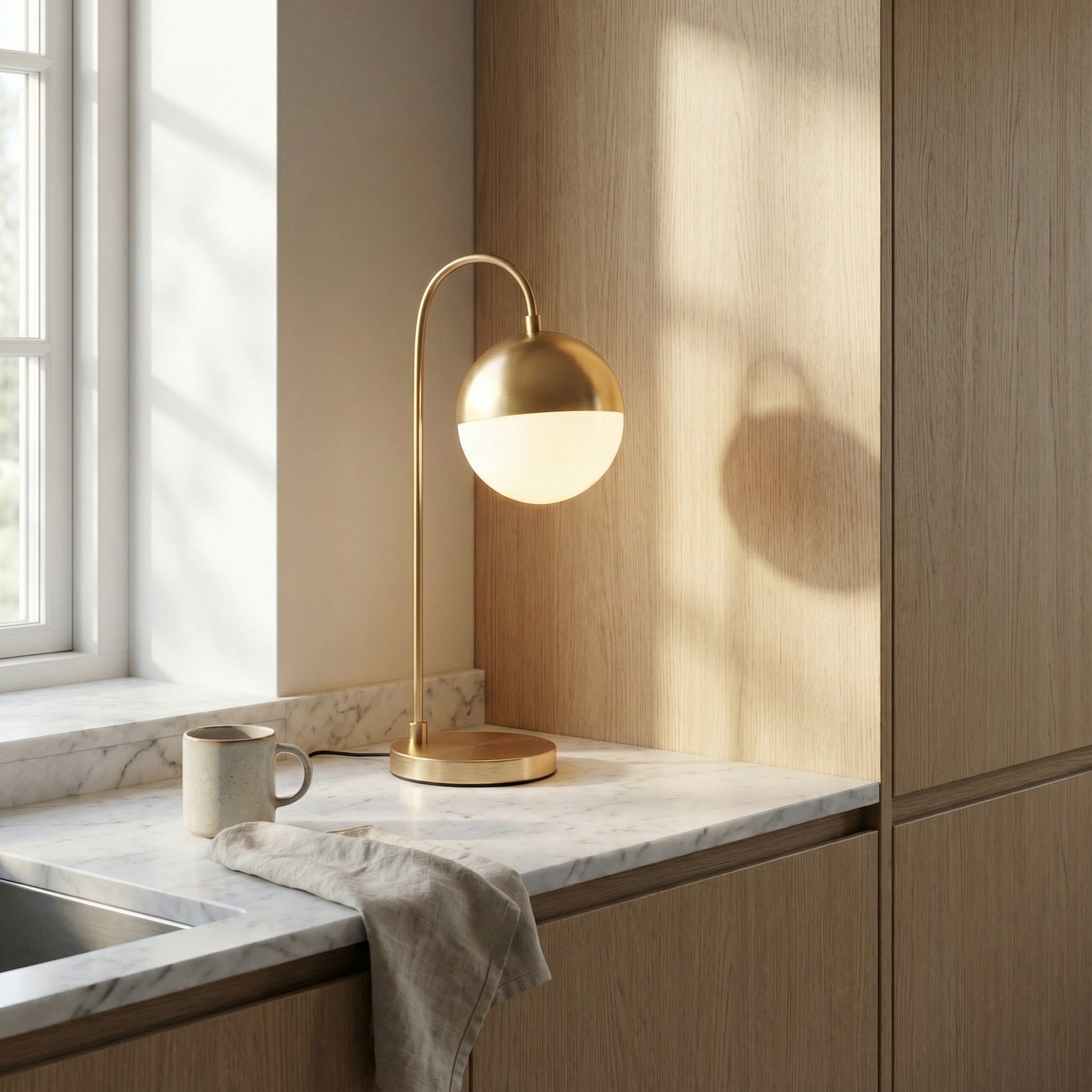 Gold table lamp on a kitchen counter with natural light coming through a window.