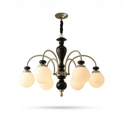 Classic Wooden Brass Chandelier Light with Opalescent Glass Globes | Vintage Design for Dining Room Elegance