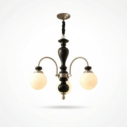 Classic Wooden Brass Chandelier Light with Opalescent Glass Globes | Vintage Design for Dining Room Elegance