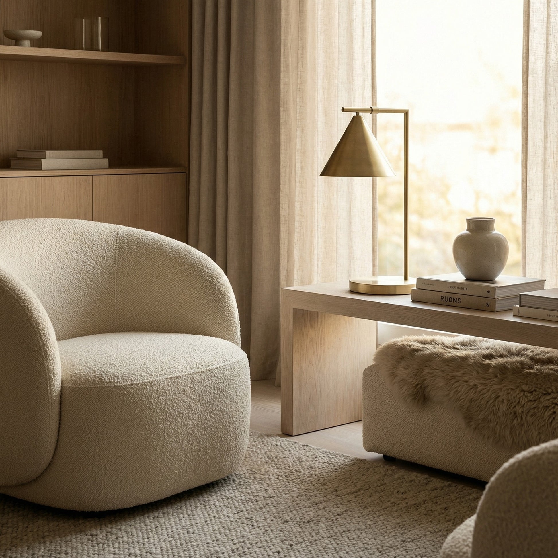 Modern living room with beige armchair, side table, and lamp.