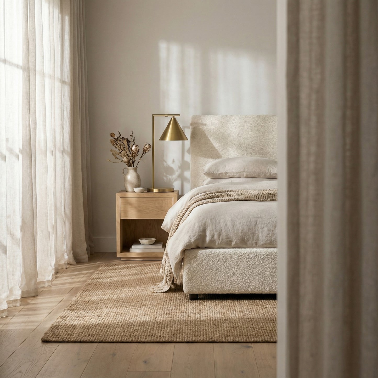 Neatly made bed in a bedroom with a side table and lamp.