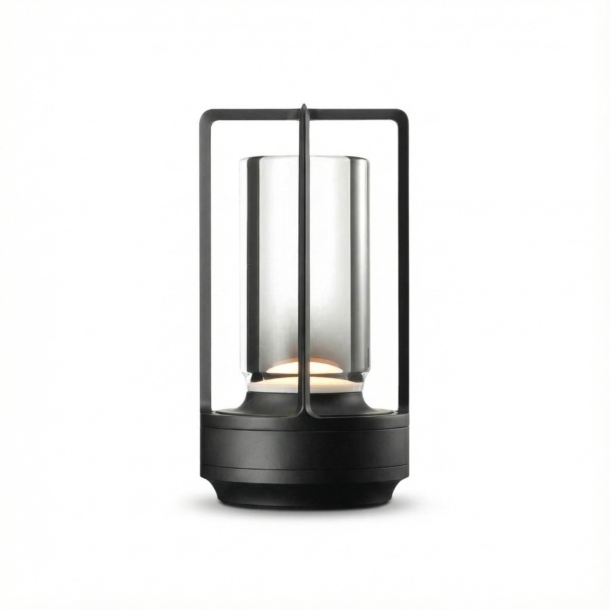Black lantern-style lamp with glass cover on a white background