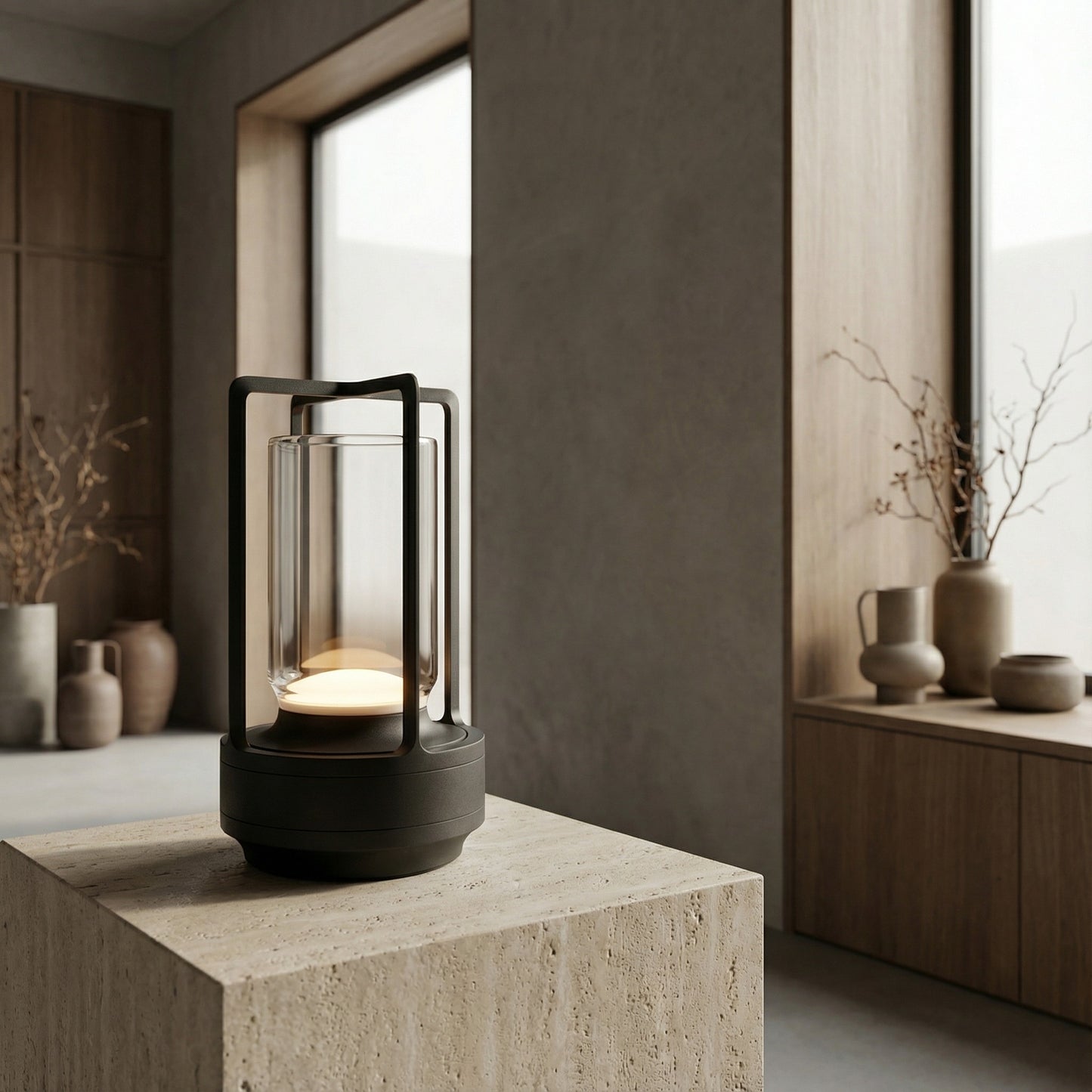 Modern black lantern with candle on a stone surface in a minimalistic room.