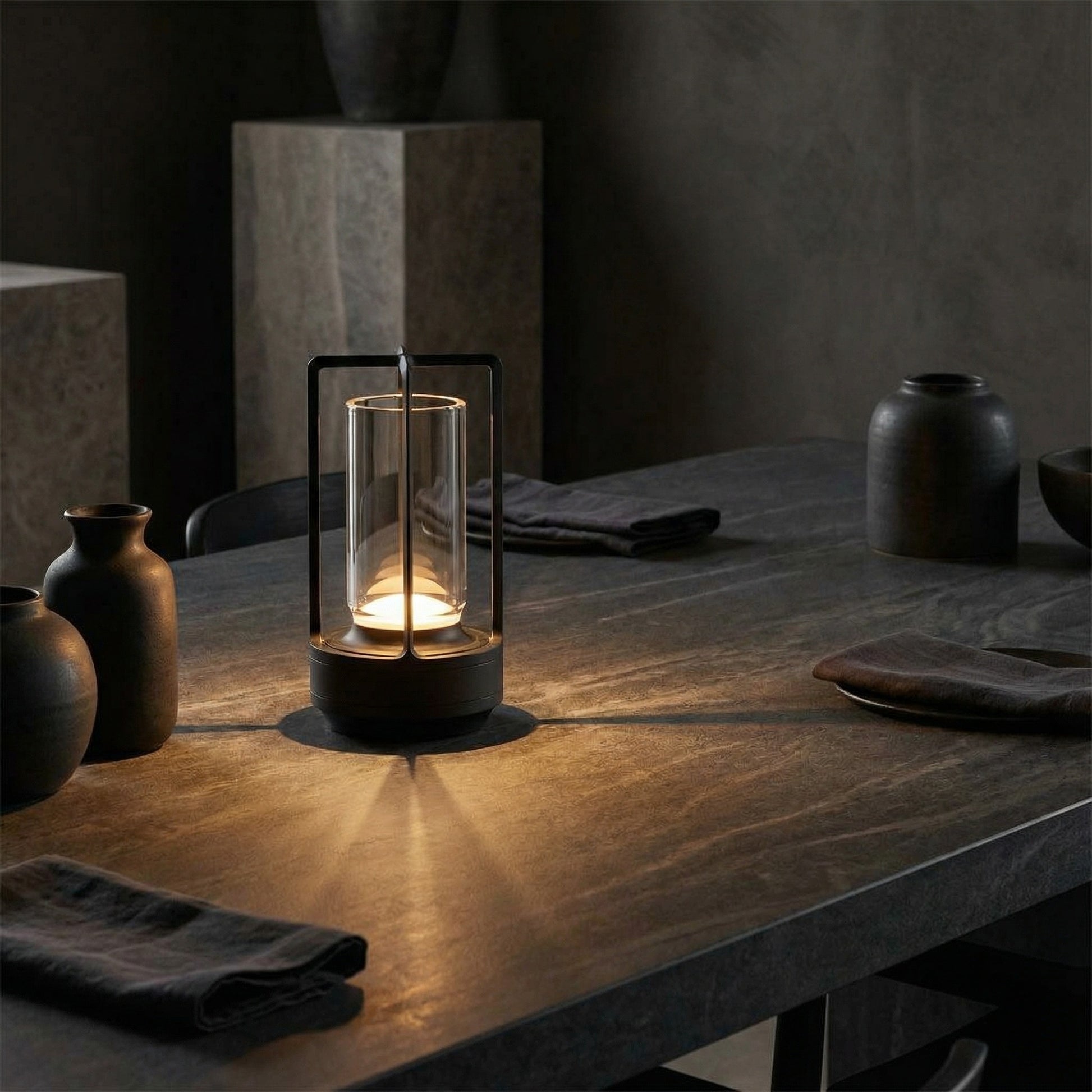 Modern table lamp on a wooden surface with dark decor