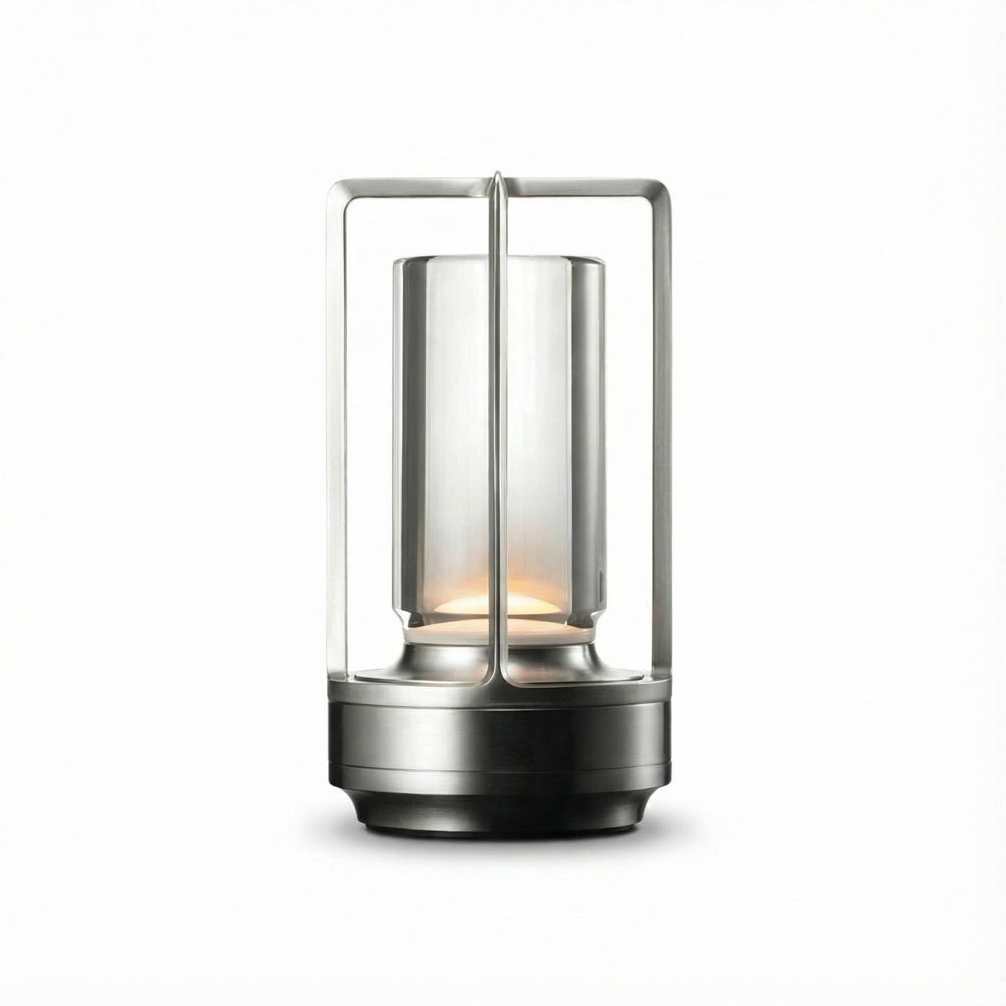 Modern outdoor lantern with glass shade and metal frame on a white background