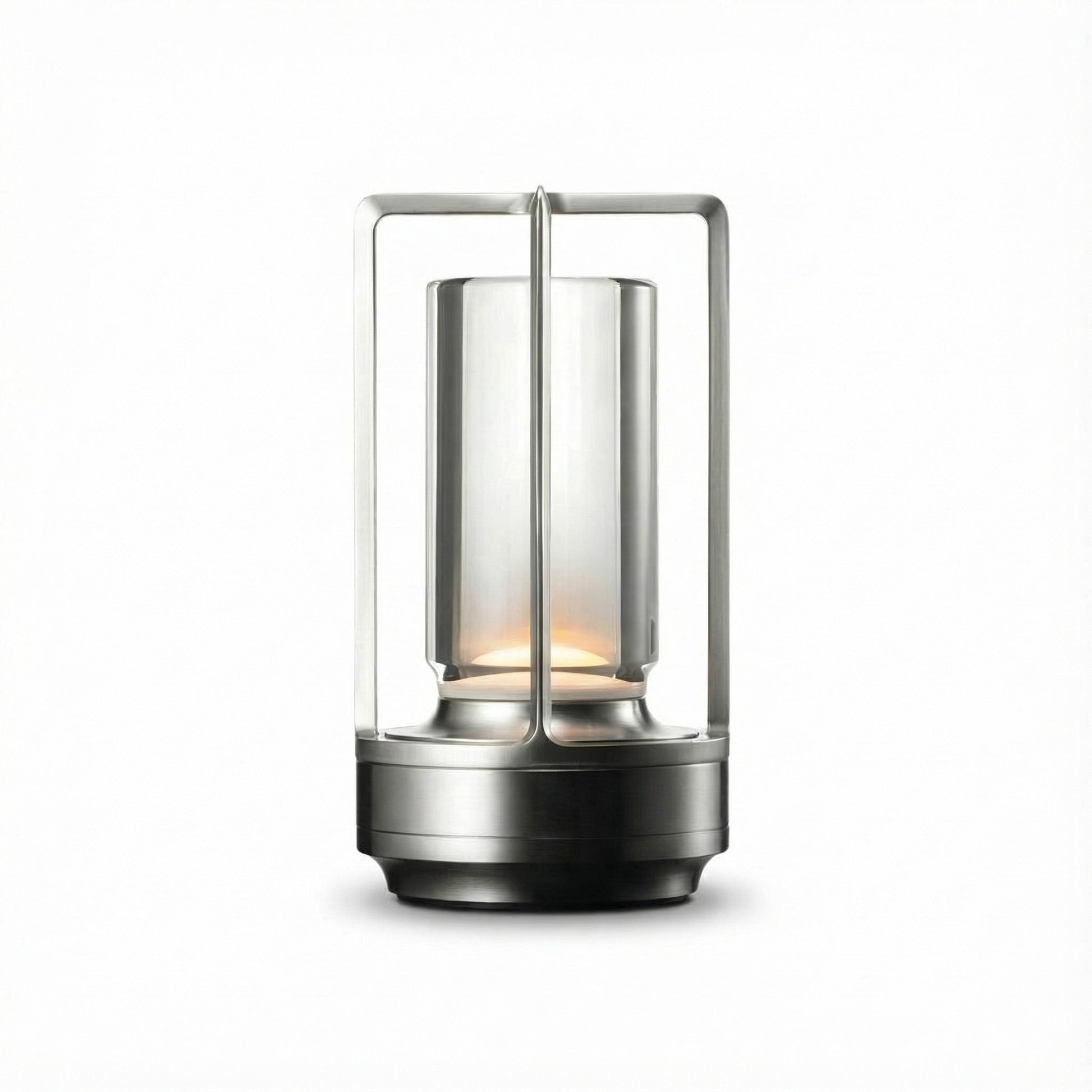Modern outdoor lantern with glass shade and metal frame on a white background