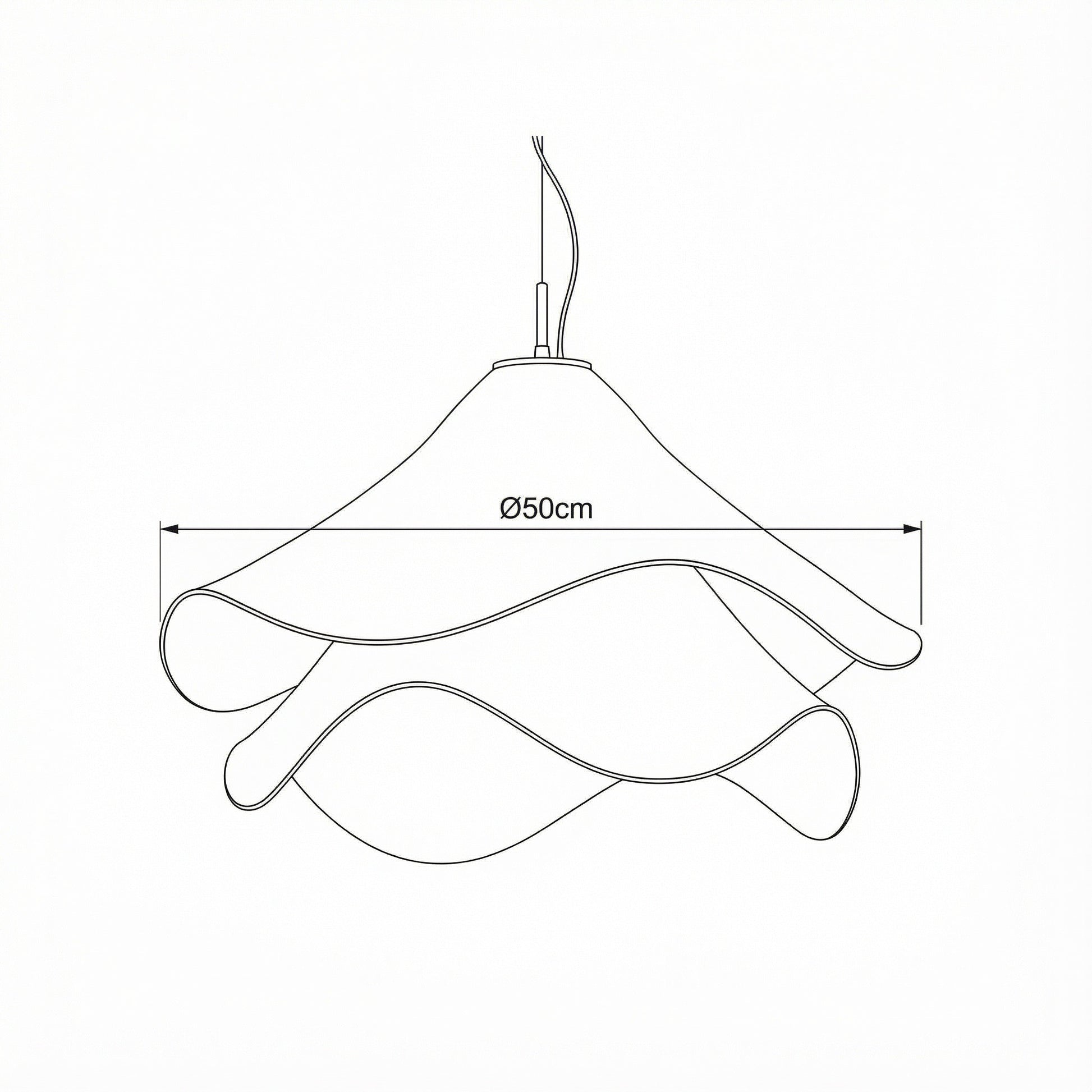 Line drawing of a pendant light with dimensions on a white background