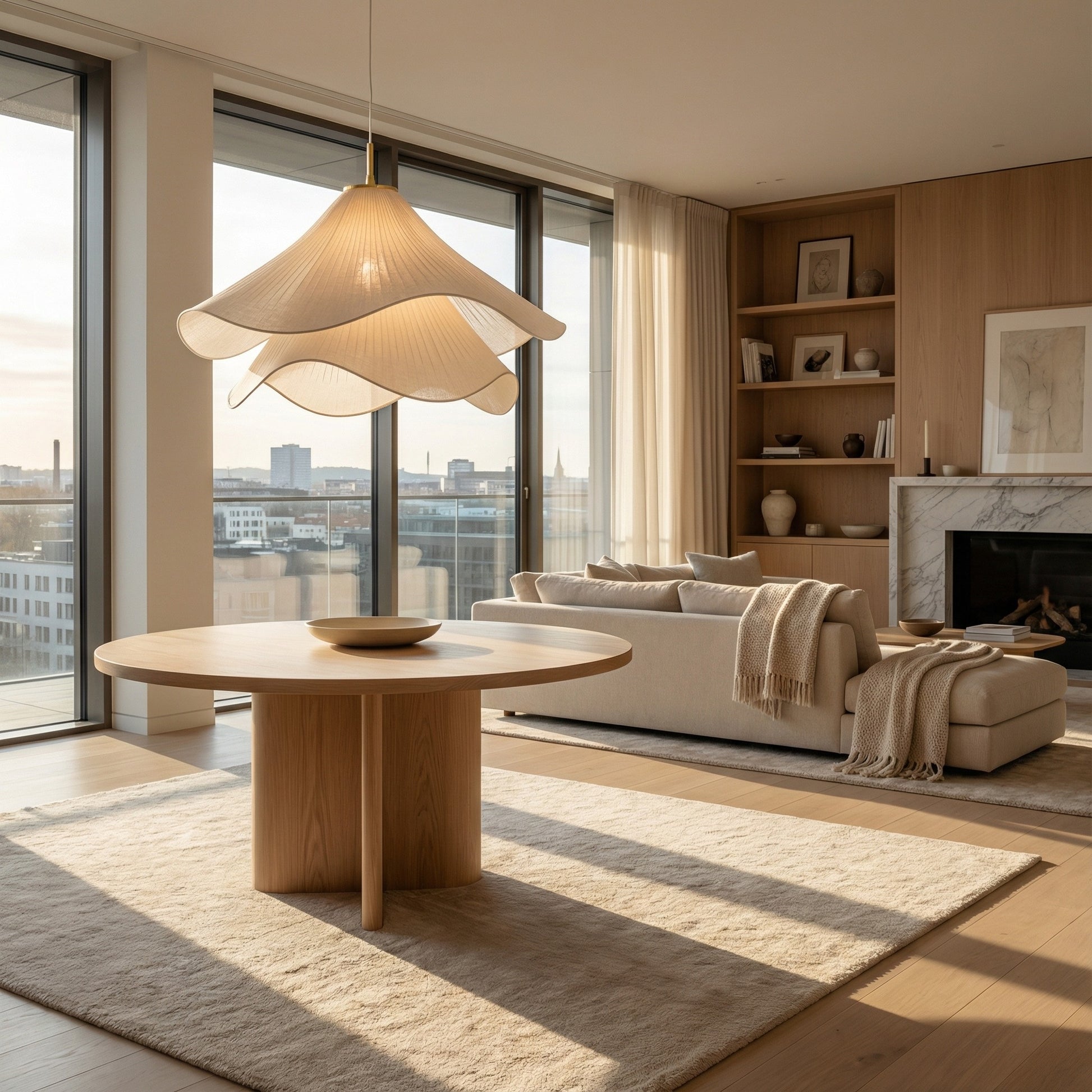 Modern living room with a wooden table, sofa, and large windows.