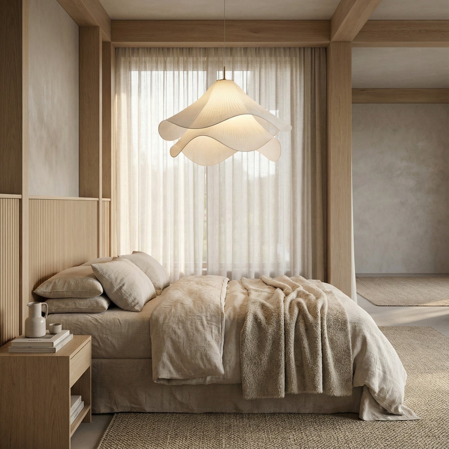 Modern bedroom with a bed, nightstand, and pendant light.