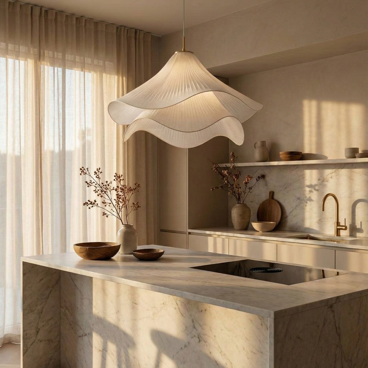 Modern kitchen with marble island, pendant light, and decorative elements.