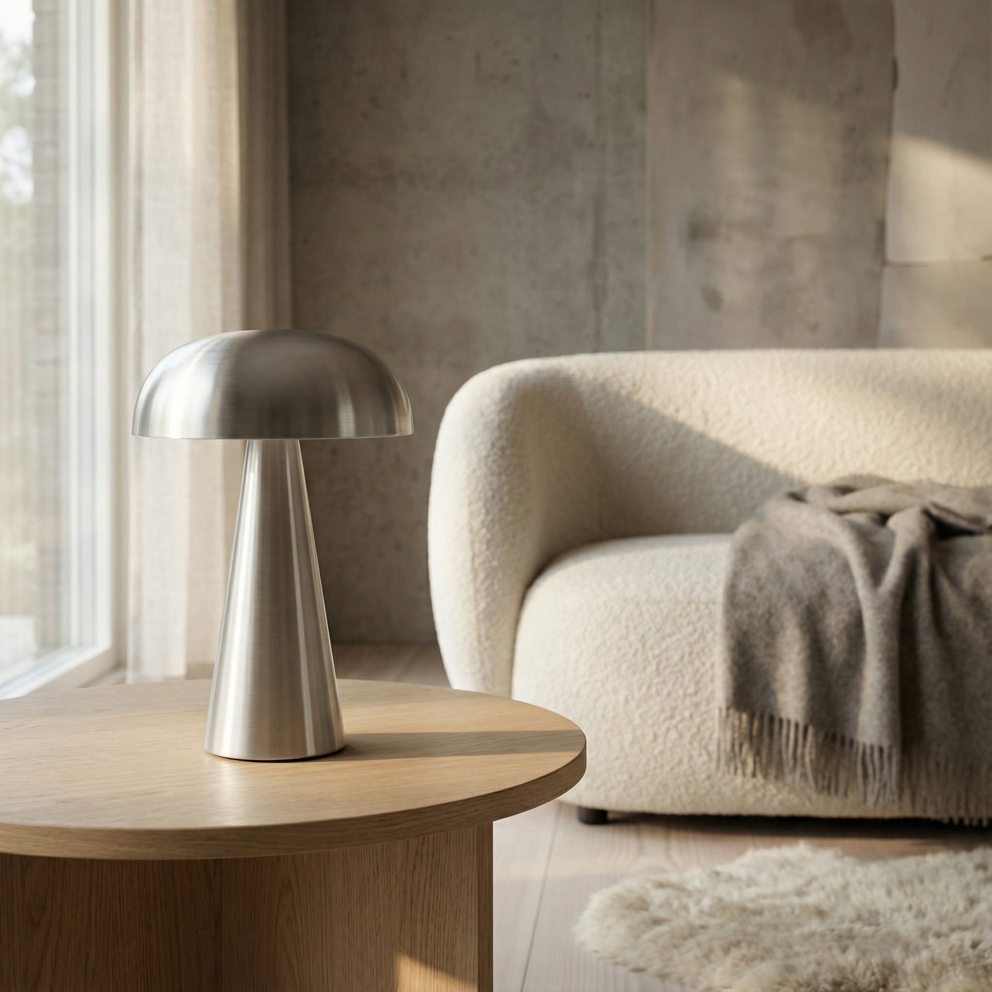 Modern interior with a metallic lamp on a wooden table and a cozy armchair with a blanket.