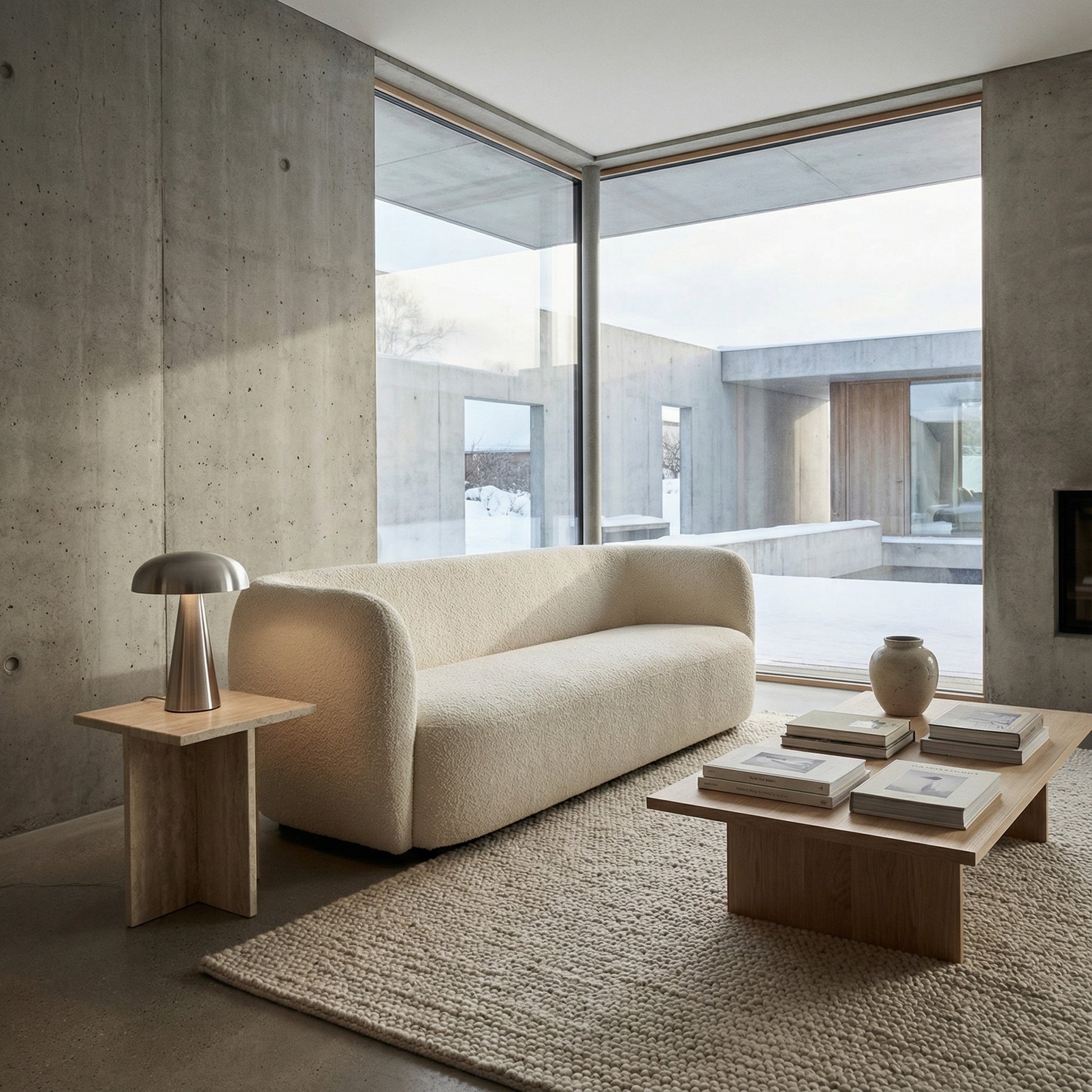 Modern living room with a beige sofa, wooden coffee table, and large windows.