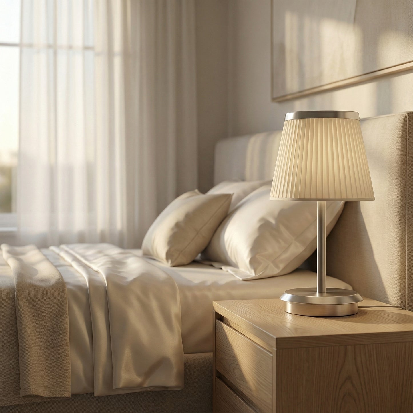 Bedroom with a lamp on a nightstand next to a bed with pillows