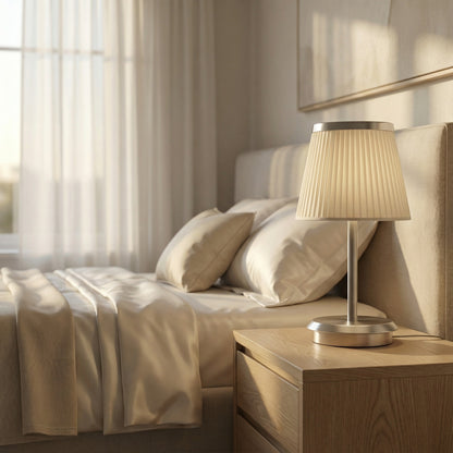 Bedroom with a lamp on a nightstand next to a bed with pillows