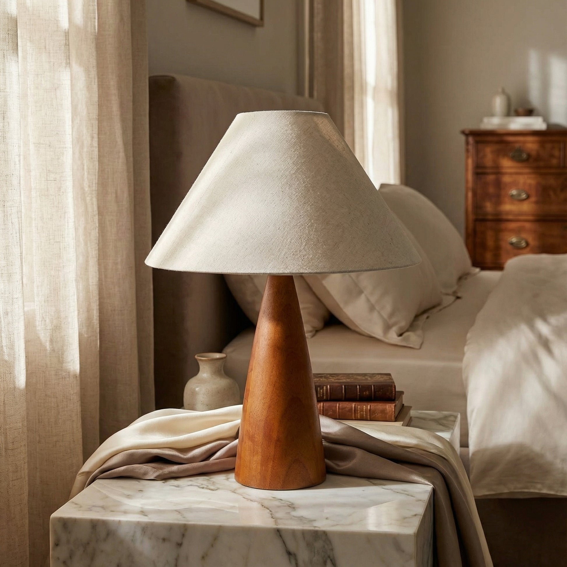 Table lamp with wooden base and beige shade on a marble side table in a bedroom.