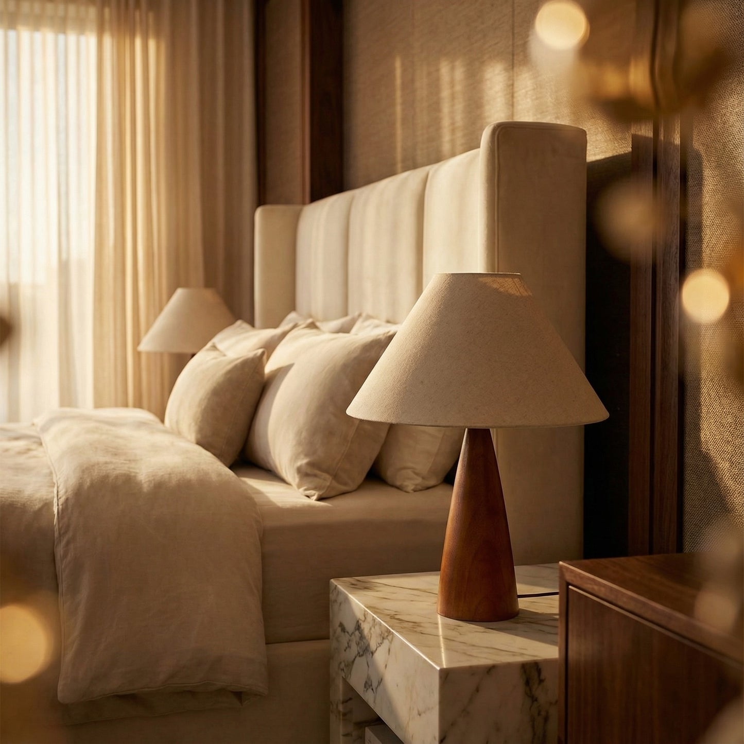 Neatly made bed with pillows and a lamp on a nightstand in a bedroom setting.