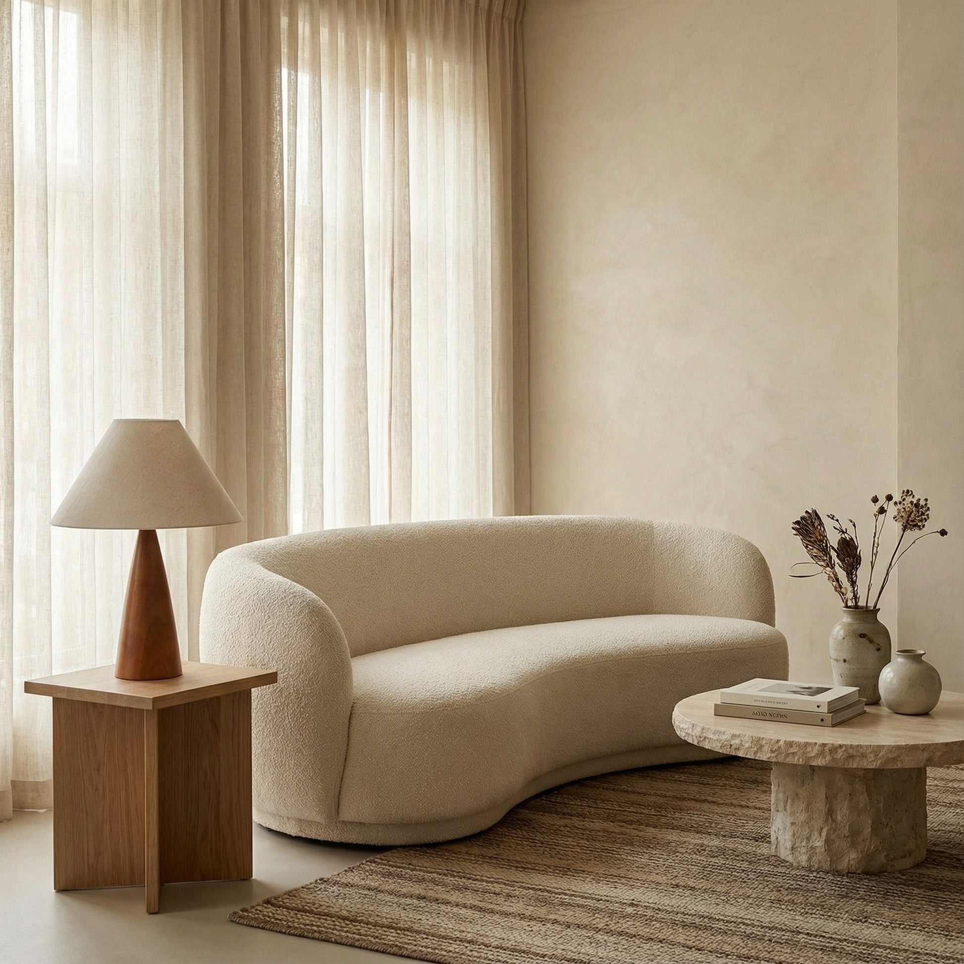 Modern living room with a beige sofa, wooden side table, and stone coffee table.