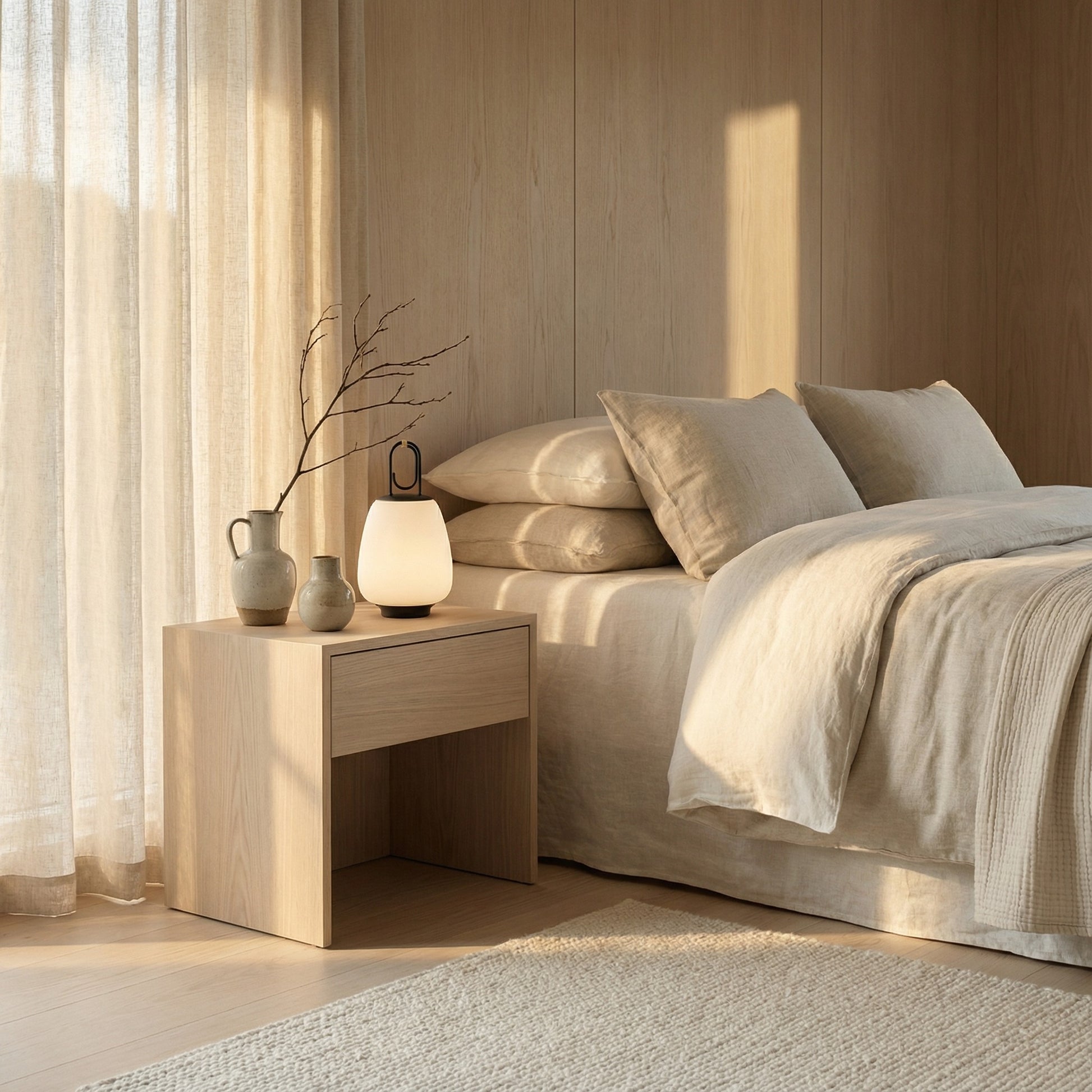 Neatly made bed with pillows and a nightstand in a bedroom setting.