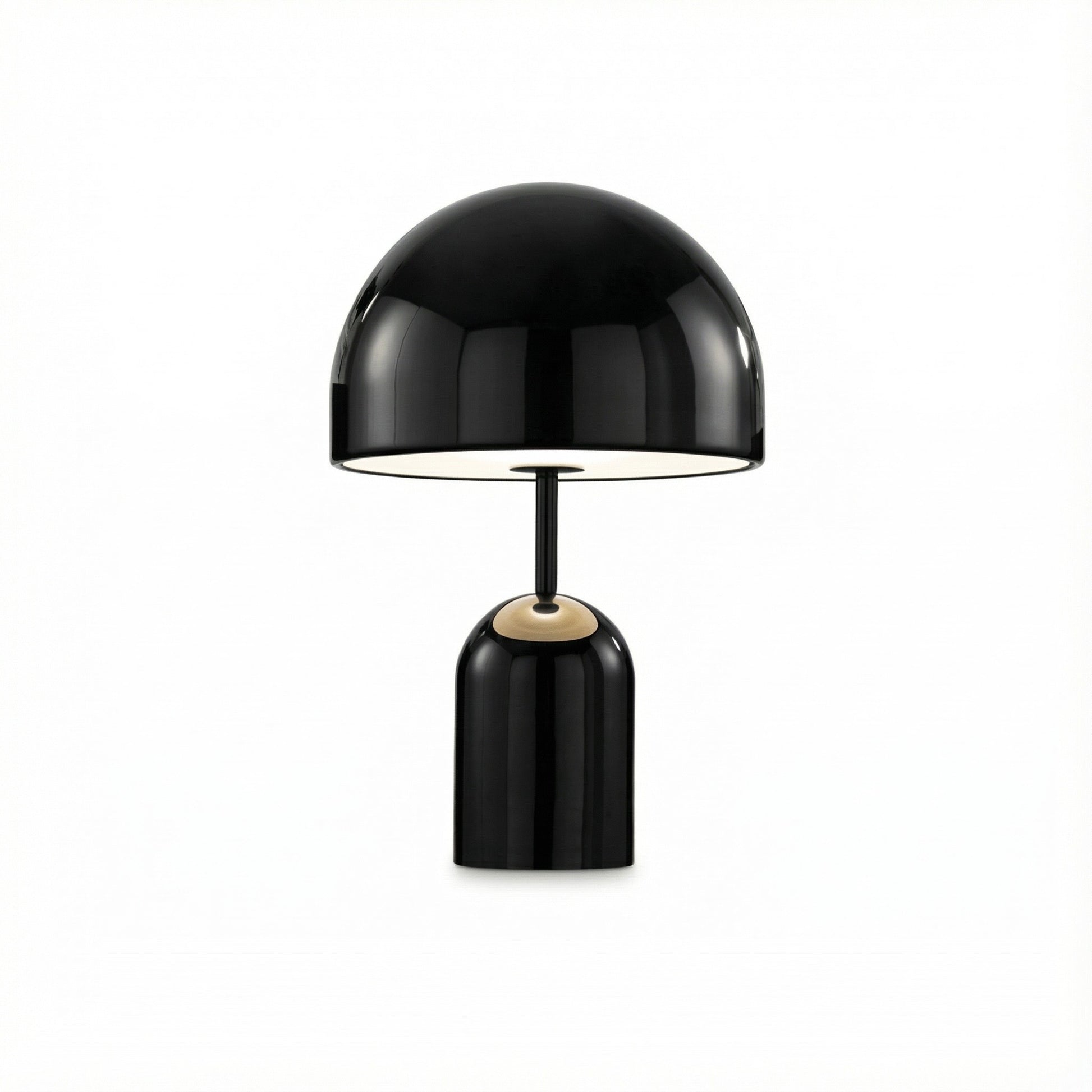 Black table lamp with a white base on a white background