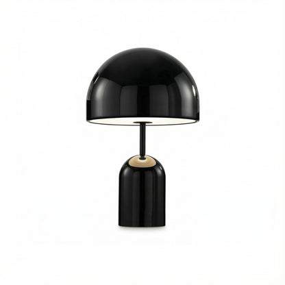 Black table lamp with a white base on a white background