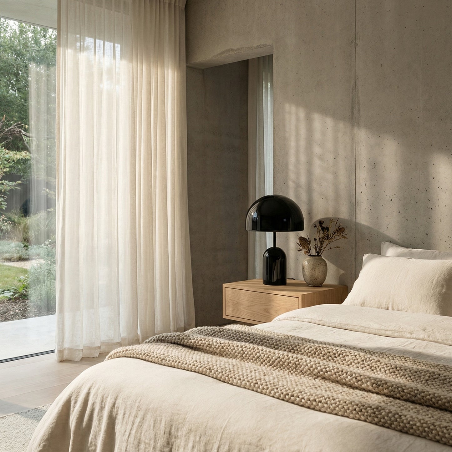 Modern bedroom with a bed, nightstand, and lamp in a well-lit room.