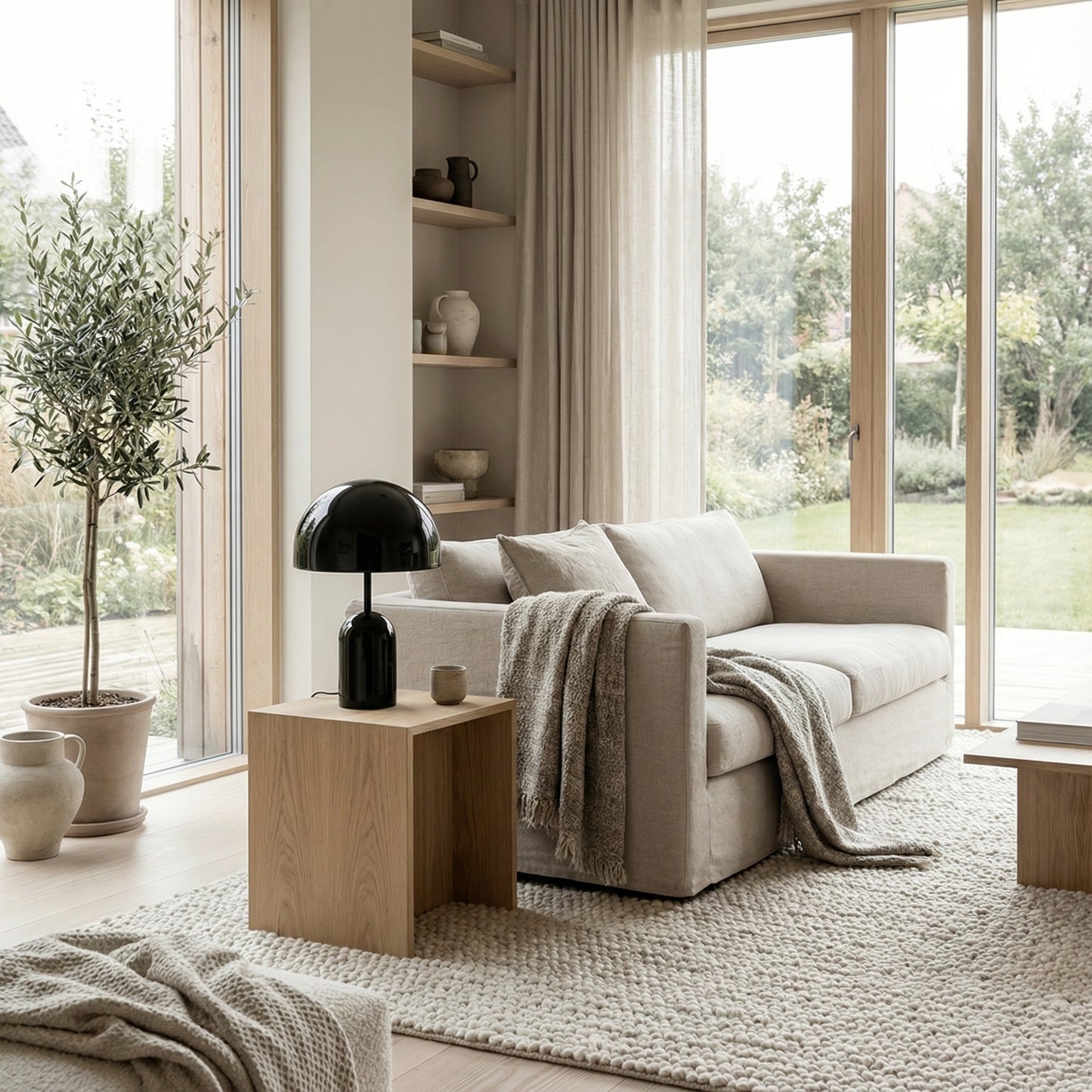 Modern living room with a beige sofa, wooden coffee table, and large windows.