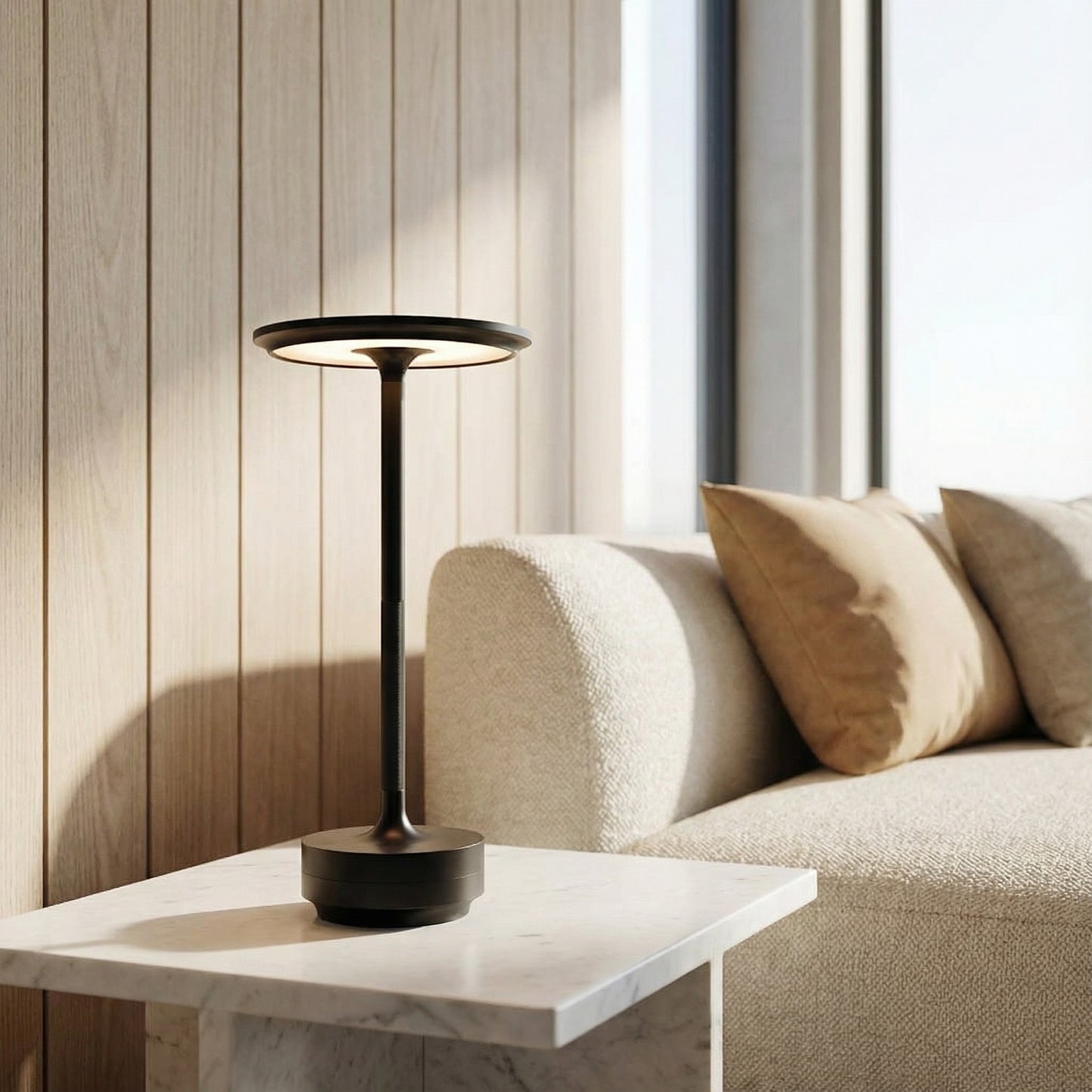 Modern black table lamp on a marble side table in a living room setting.