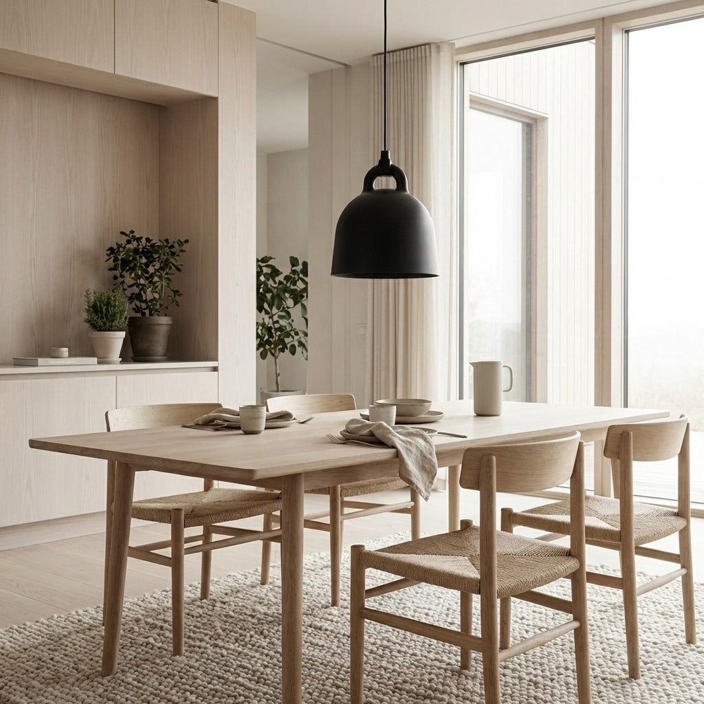 Modern dining room with wooden table and chairs, black pendant light, and large windows.