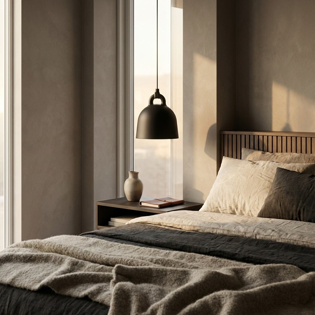 Modern bedroom with a bed, nightstand, and pendant light.
