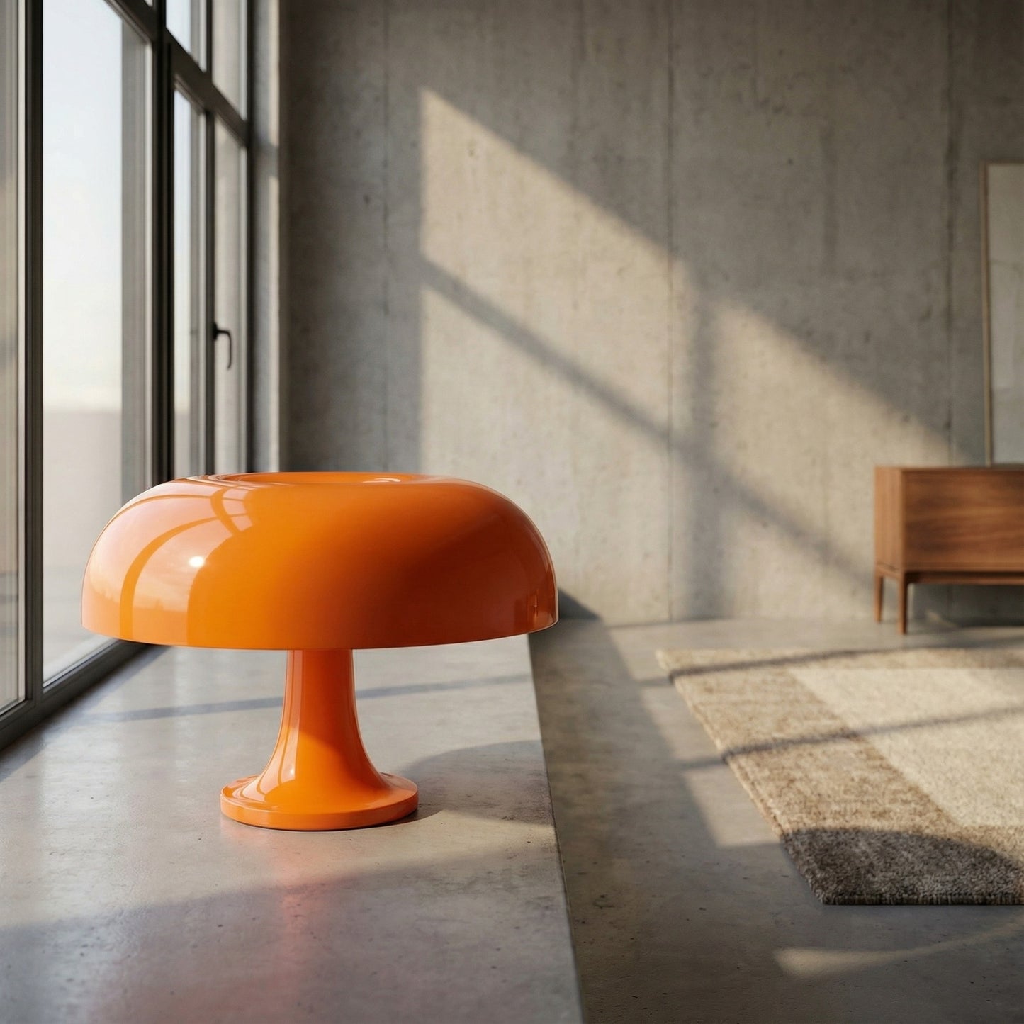 Orange table lamp on a concrete floor with large windows and a wooden cabinet in the background.