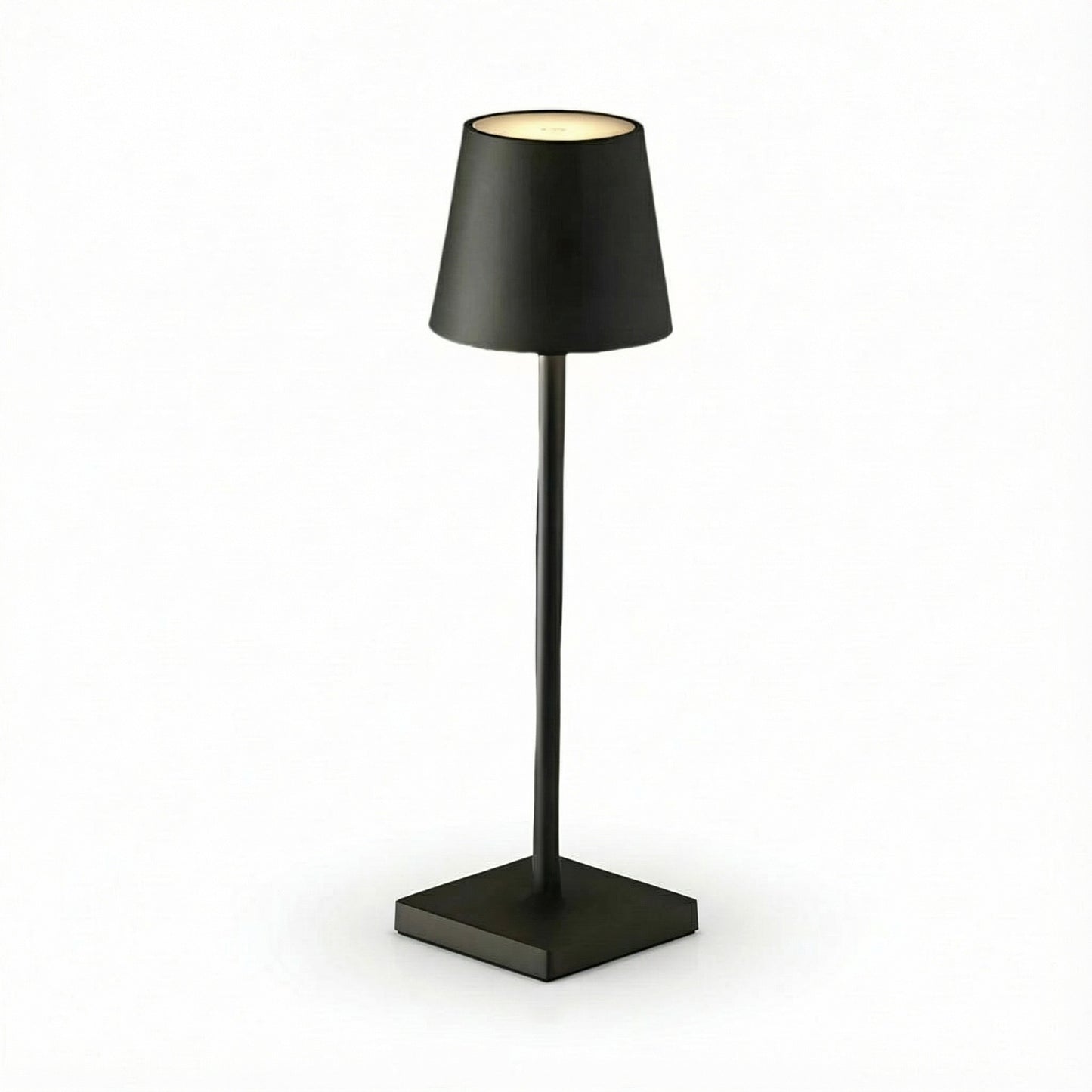 Black table lamp with a square base on a white background