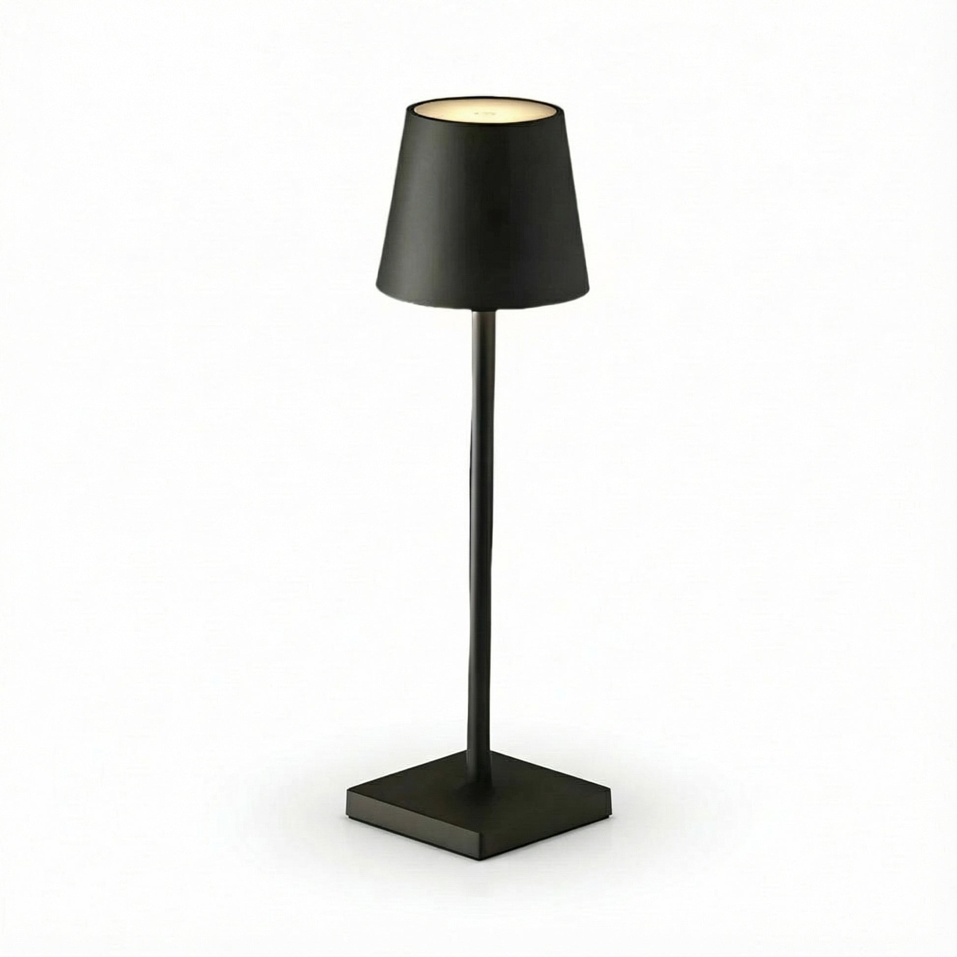 Black table lamp with a square base on a white background