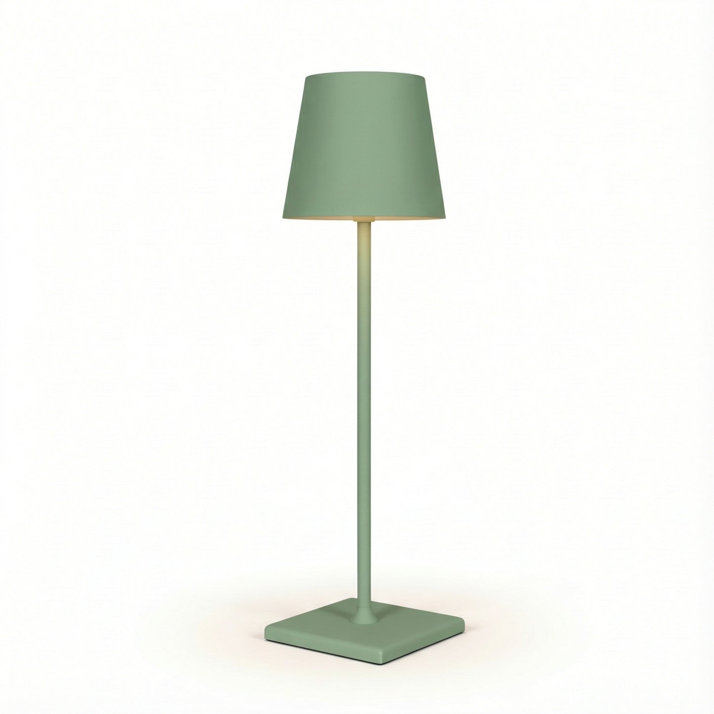 Green floor lamp with a square base on a white background