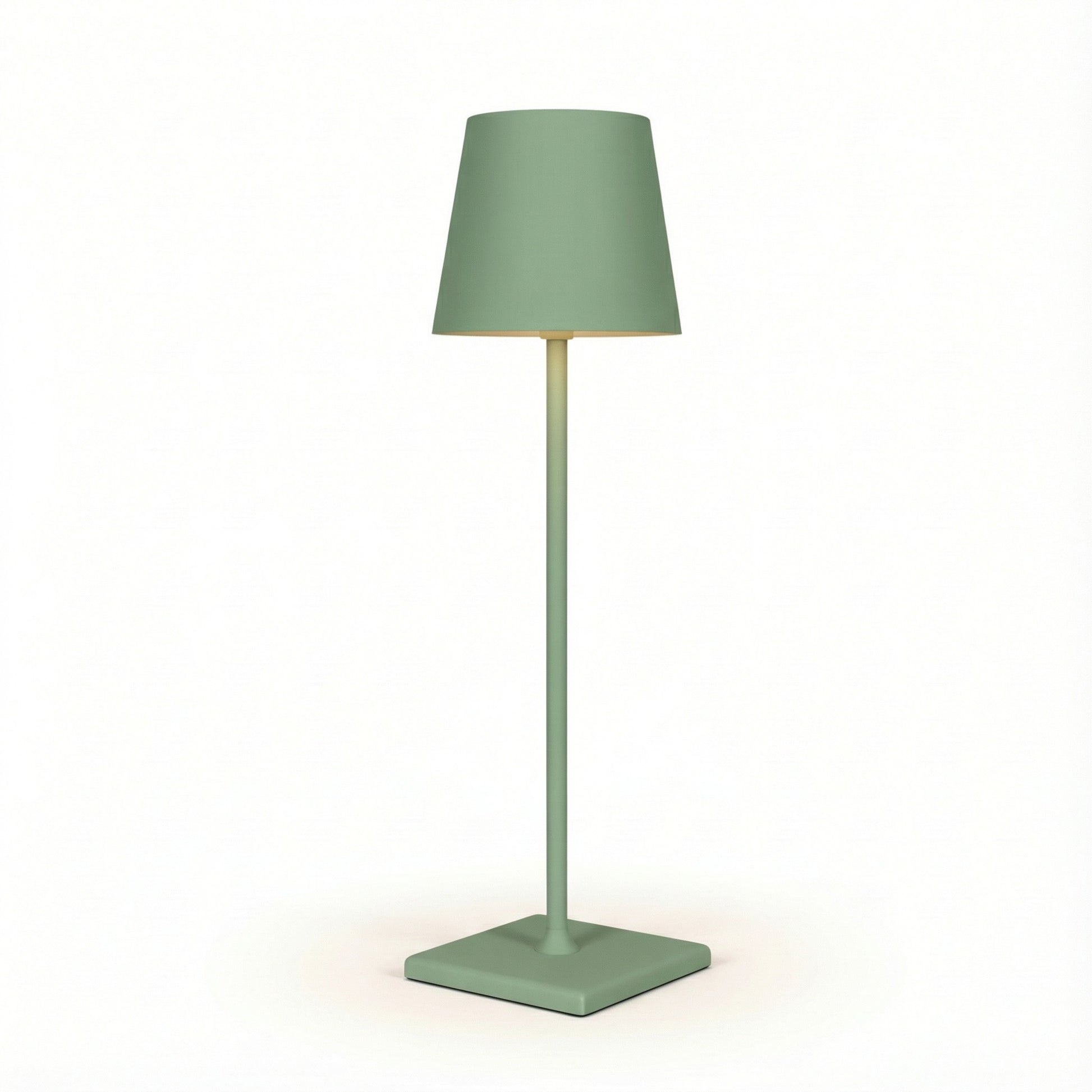 Green floor lamp with a square base on a white background