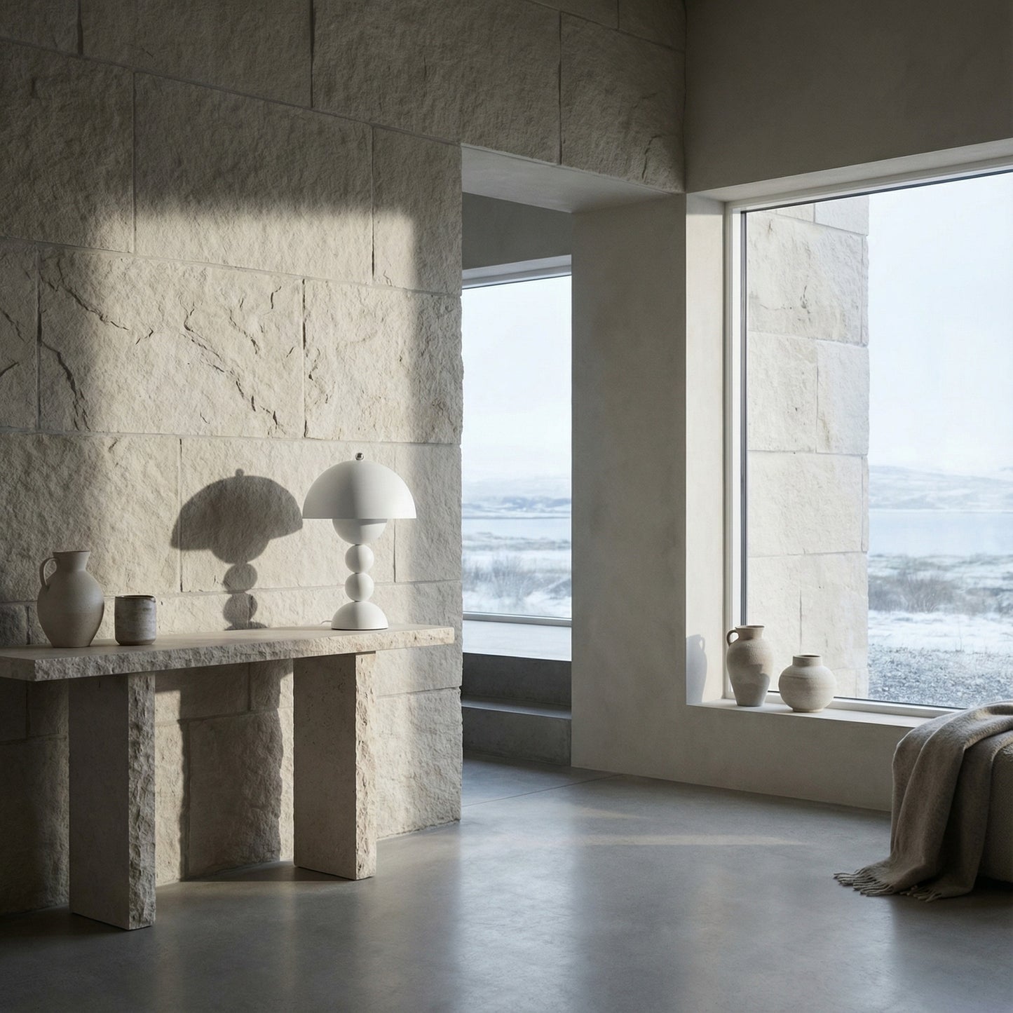 Modern interior with stone walls and a large window