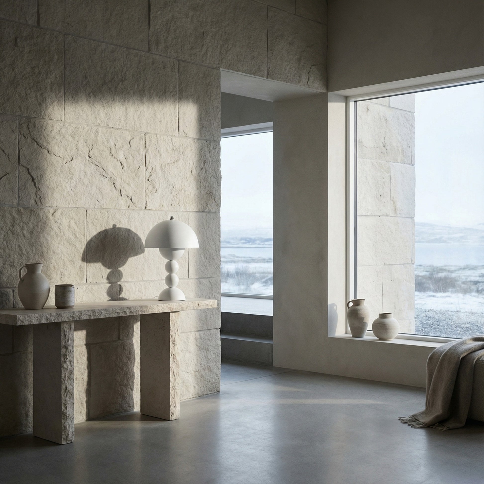 Modern interior with stone walls and a large window