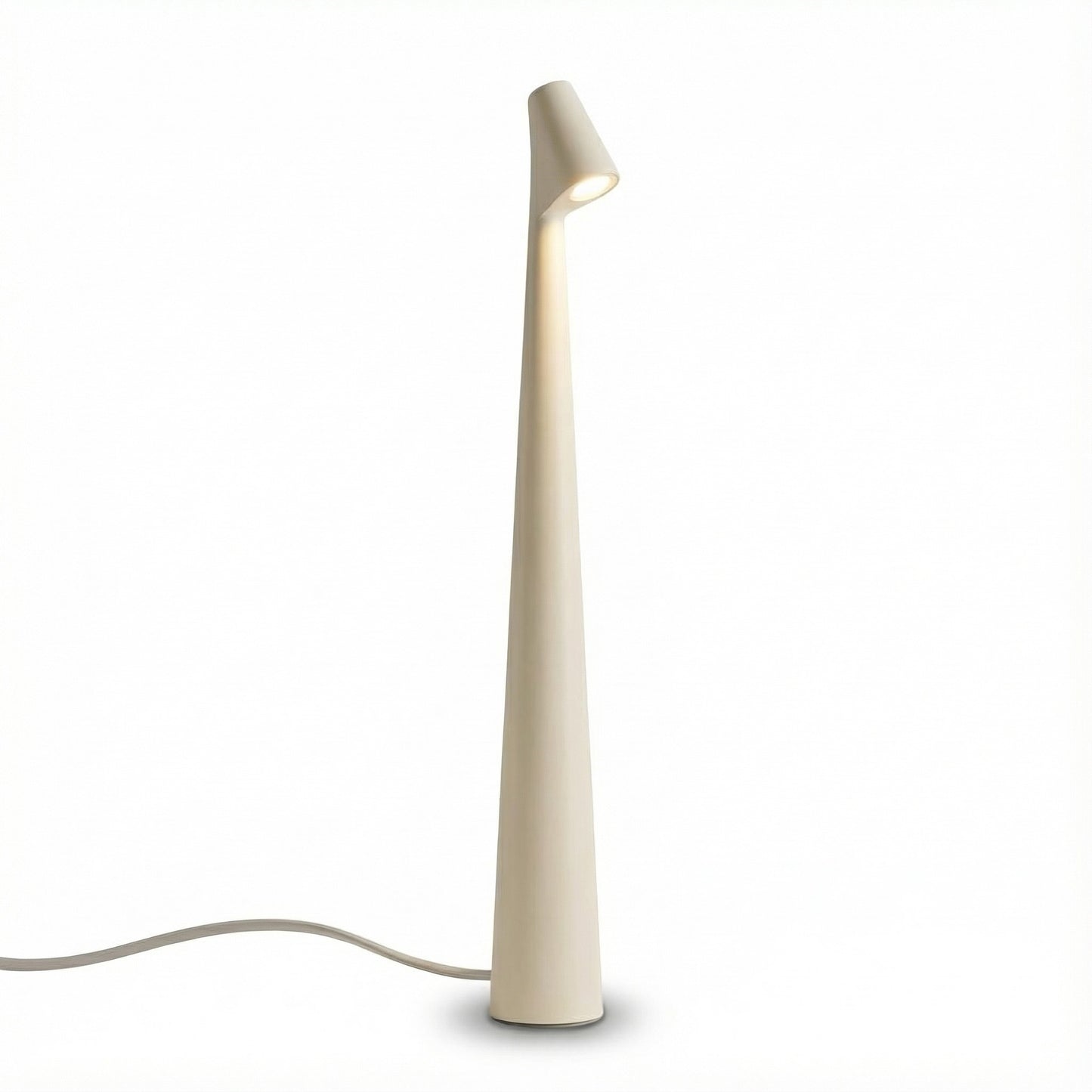 Modern floor lamp with a long, thin design on a white background