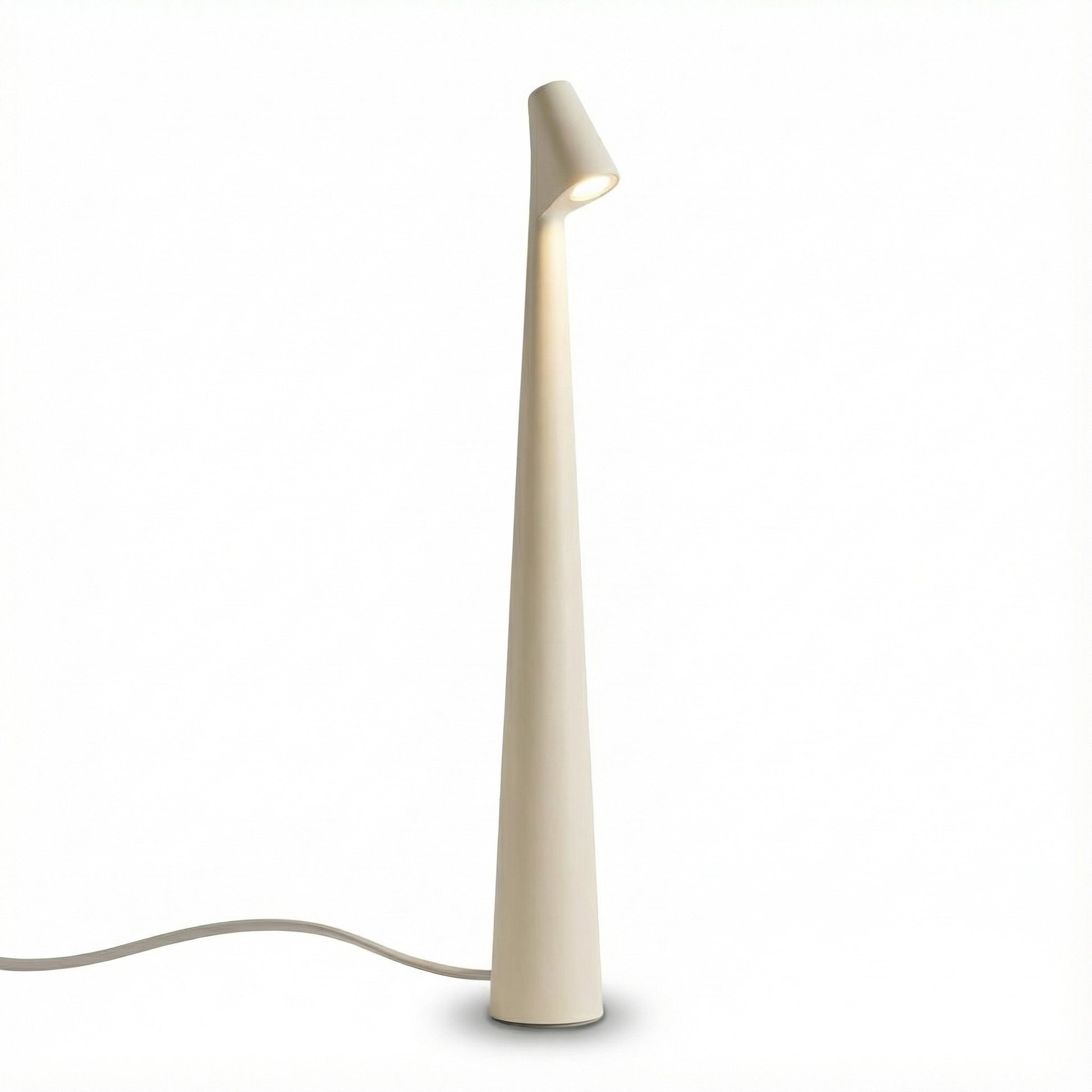 Modern floor lamp with a long, thin design on a white background